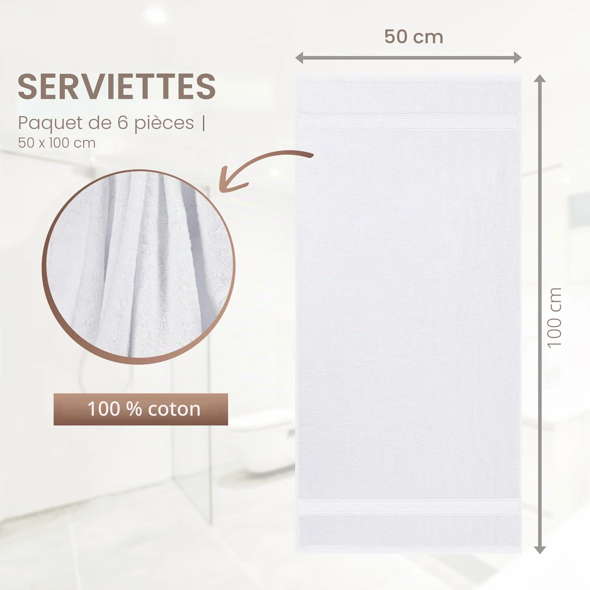 Utopia Towels - Lot de 6 (50 x 100 cm), Seviettes essuie-Mains, Serviettes de Toilette, très Absorbant avec Crochet, 100% Coton (Blanc)