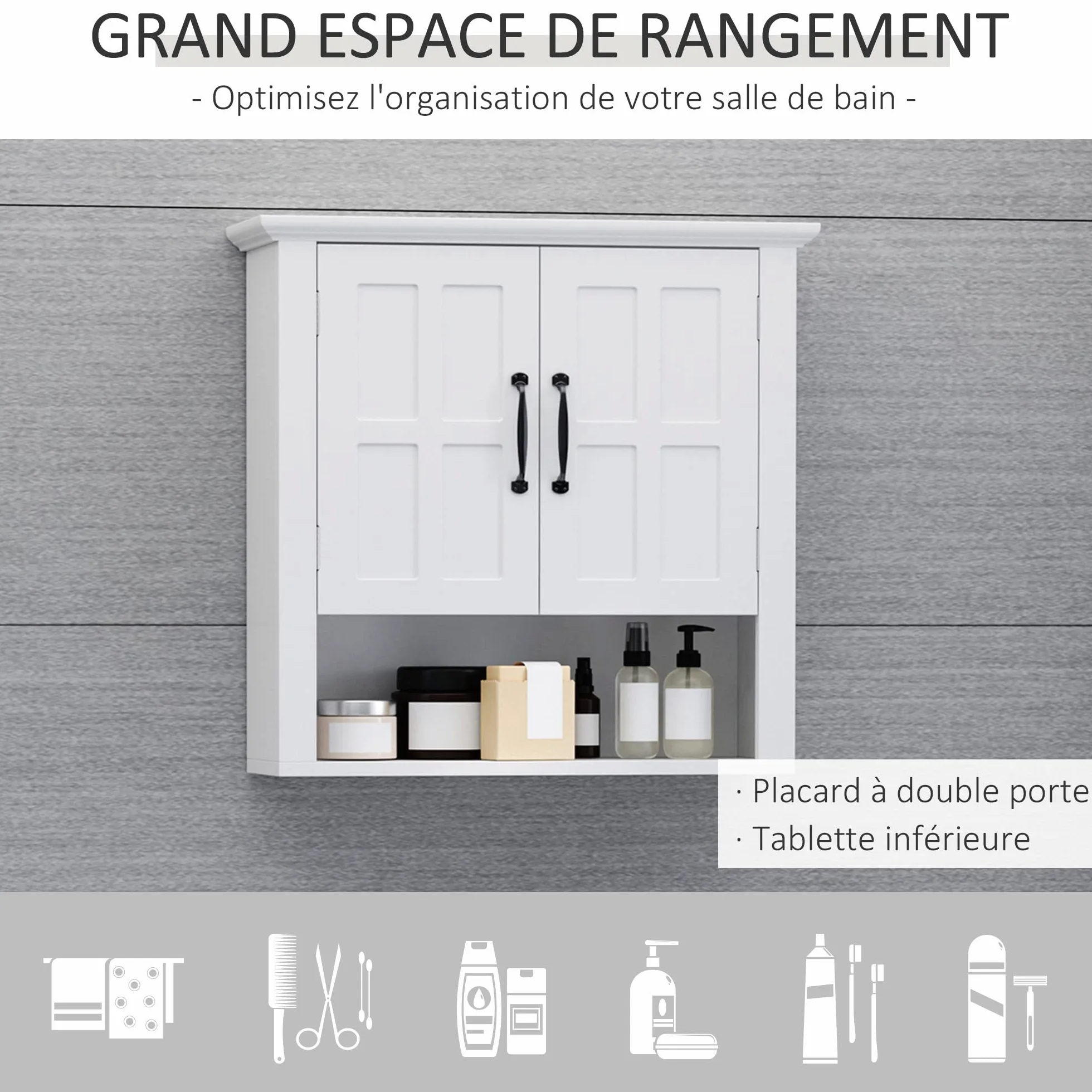 HOMCOM Armoire Haute Murale de Salle de Bain ou WC Placard 2 Portes 2 étagères Niche dim. 60L x 20l x 58H cm MDF Panneaux Particules Blanc