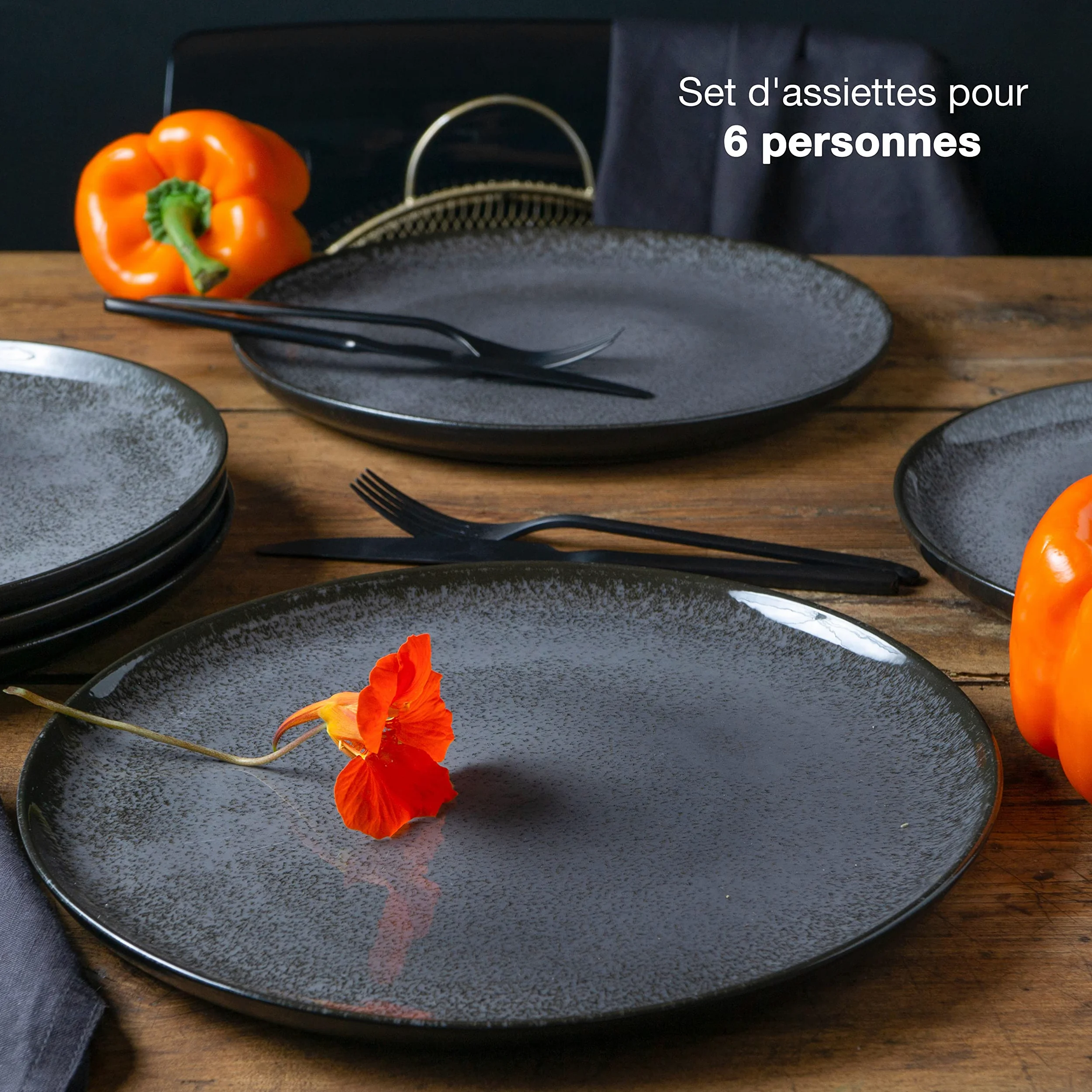 Moritz & Moritz VIDA Lot de 6 assiettes à dîner Anthracite - Assiettes pour 6 personnes - Porcelaine passe au lave-vaisselle et au micro-ondes