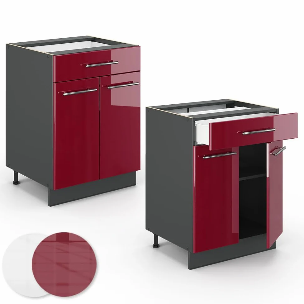 Vicco Meuble Cuisine Fame-Line, Rouge Bordeaux Haute Brillance, 60cm avec tiroir, sans PT, à Combiner avec d'autres modules de la série Fame-Line