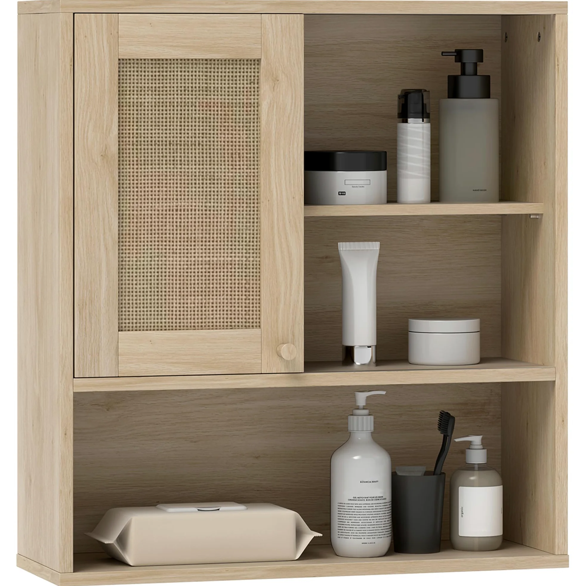 HOMCOM Armoire murale, meuble haut salle de bain avec porte coulissante en rotin et étagères ouvertes, meuble de salle de bain style bohème, meuble de rangement suspendu, 60 x 20 x 65 cm, bois naturel