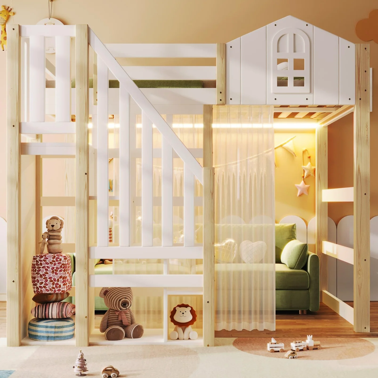 Lit Mezzanine 2 Places 140x200cm,Lit Cabane Enfant avec éclairage LED Réglable,Échelle de Rangement,Rideau en Gaze,Haute Barrière de Type Cabine,pour Enfants Adolescents (Blanc, 140x200)