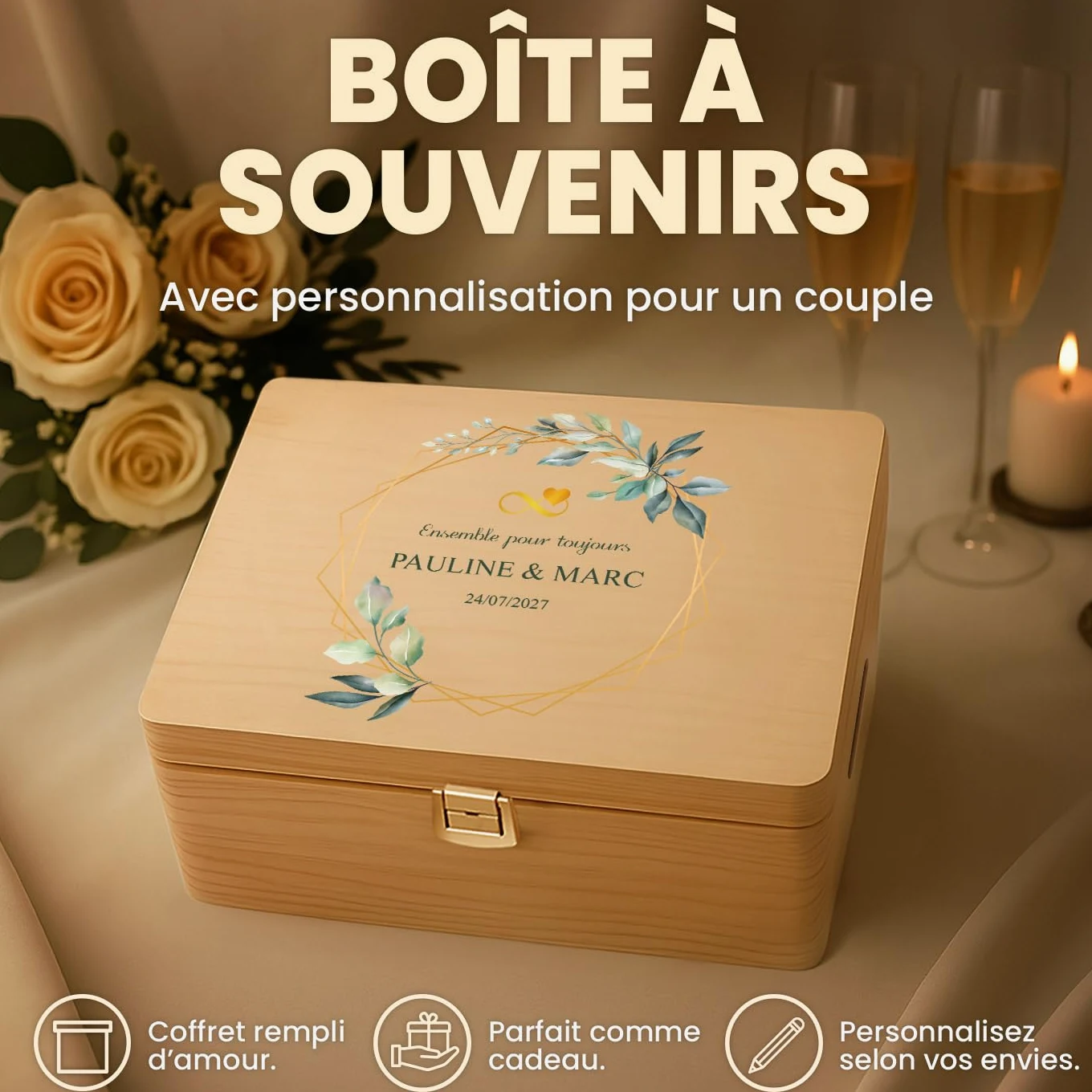 Maverton Boite a Souvenir Personnalisable - Cadeau Personnalisé pour couple - L/XL Boite de Rangement avec Couvercle en Bois de Pin Naturel - Cadeau Noel - Cadeau Mariage Anniversaire Amoureux