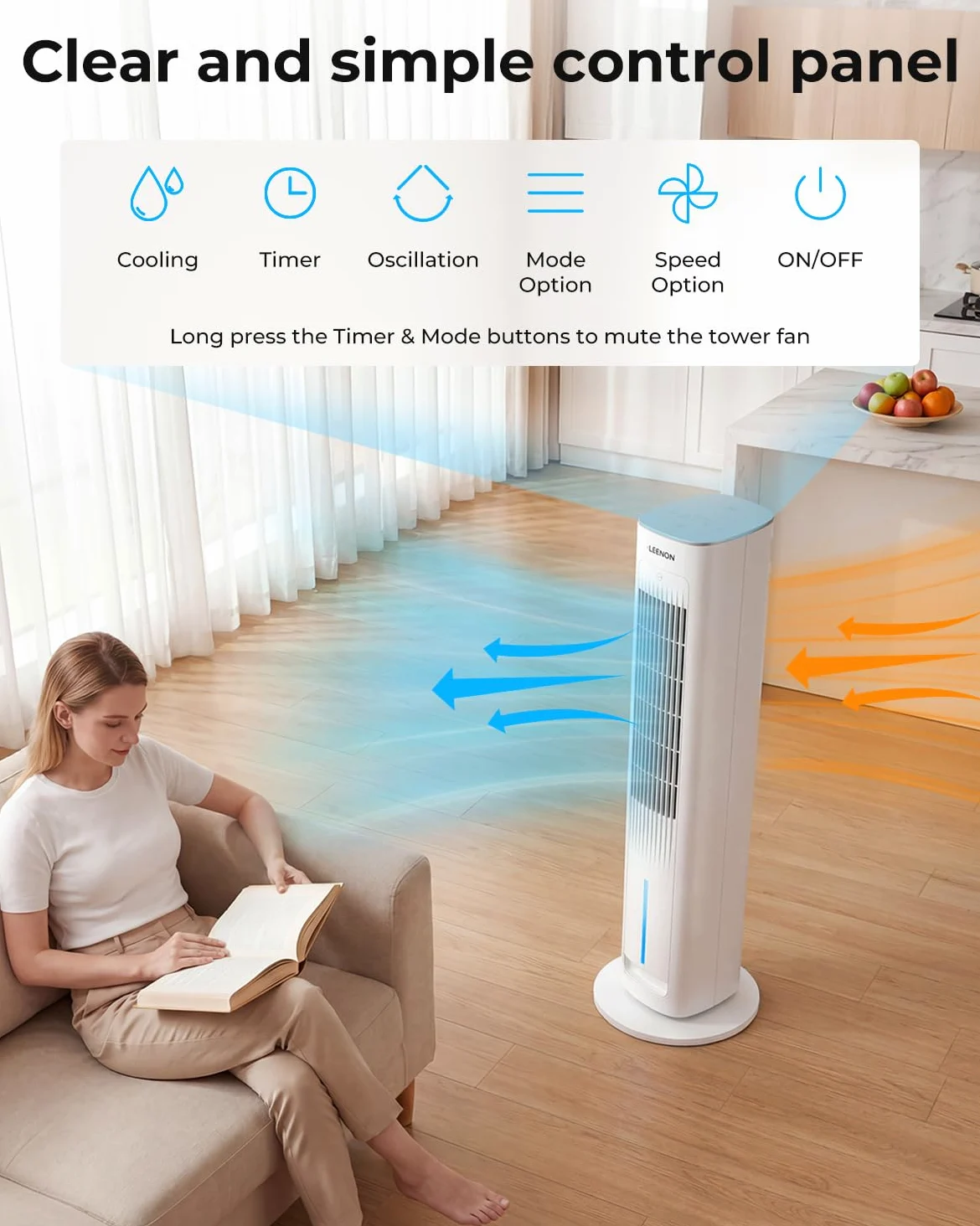 LEENON 3en1 Rafraichisseur d'Air Silencieux, 38" Colonne Ventilateur avec Télécommande & Réservoir 3L, 3 Vitesses/Modes, Minuterie 12H, Oscillation, Ventilateur Eau Froide Maison