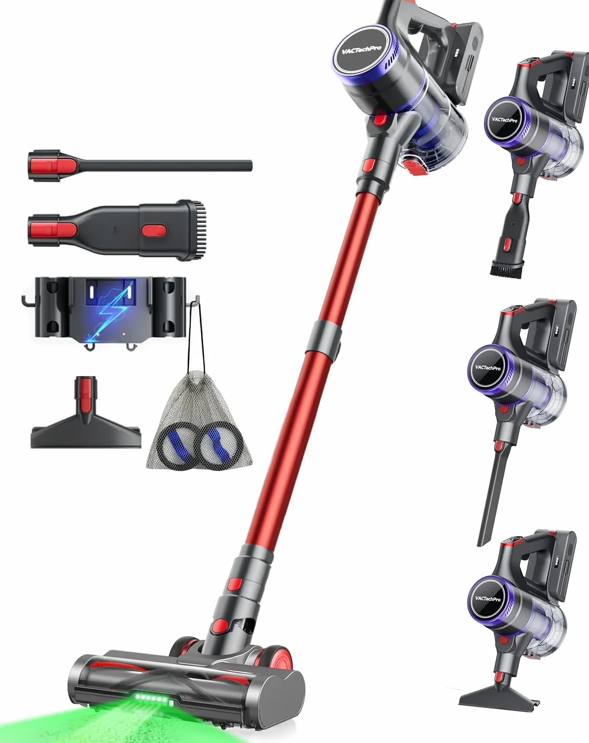 VACTechPro Aspirateur Balai sans Fil 55KPa/600W, 70Min d’Autonomie, Aspirateur sans Fil avec Réservoir à Poussière de 1.6L, Filtration à 8 Couches, Brosse à Sol Anti-Tangle, Violet et Rouge