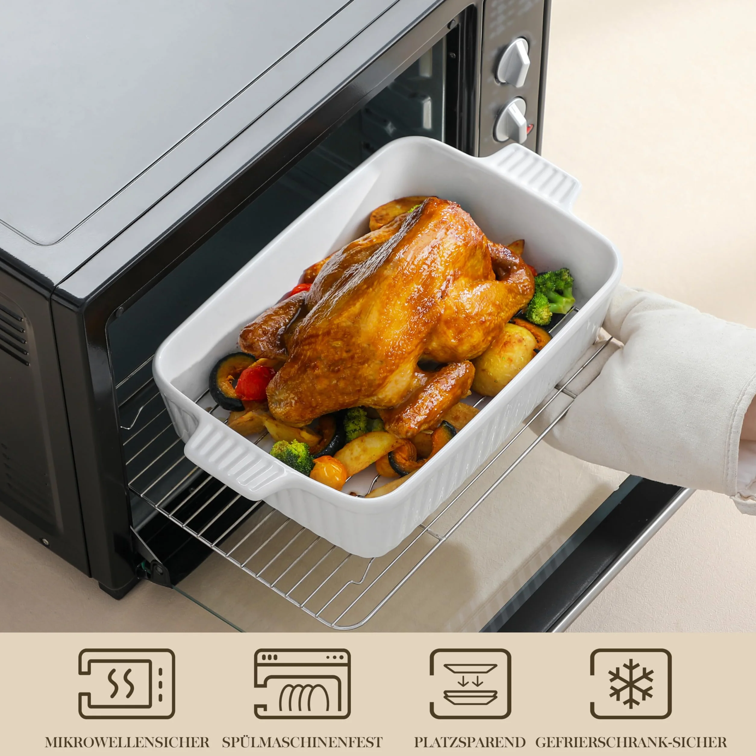 MALACASA Série BAKE, Plat à Four Rectangulaire en Porcelaine avec Grille 4200ml, Grand Plat de Cuisson avec Poignées pour Gratins et Casseroles, Compatible Lave-vaisselle, Blanc