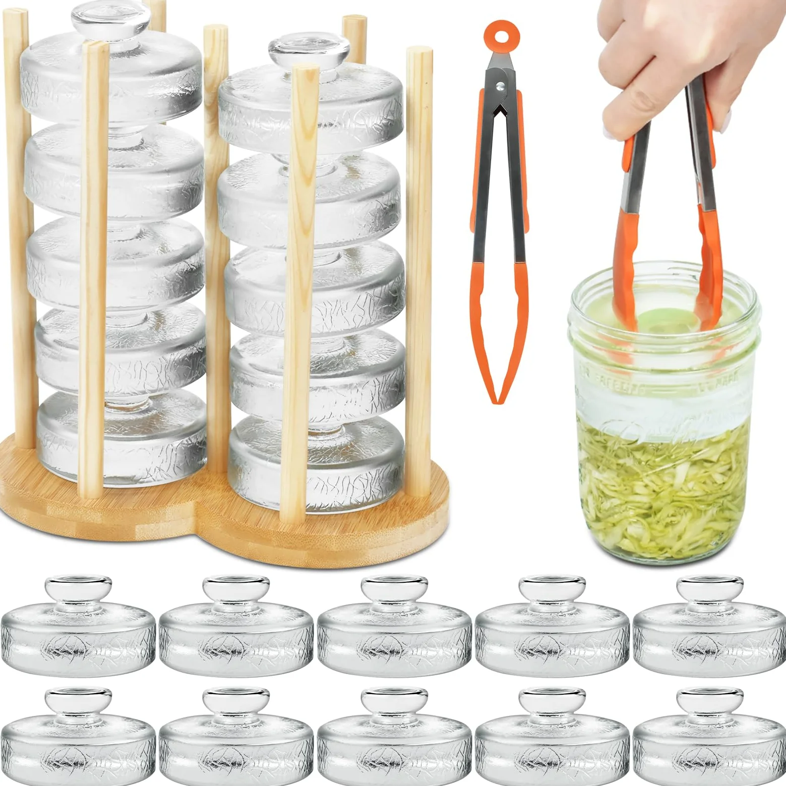 Artcome Lot de 10 poids de fermentation en verre avec poignée facile à prendre en main et texture unique pour bocaux Mason à large ouverture – Galets de cornichons avec organisateur de poids en verre