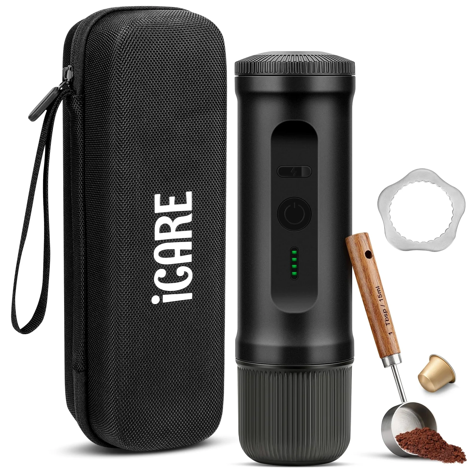 ICARE Machine à Café Portable, Cafetière Portable 2 en 1 pour Capsules NS et Café Moulu, Auto-Chauffante, Recharge USB-C, Indicateur de Batterie, pour Camping, Randonnée, Voyages, Camping-cars (Noir)