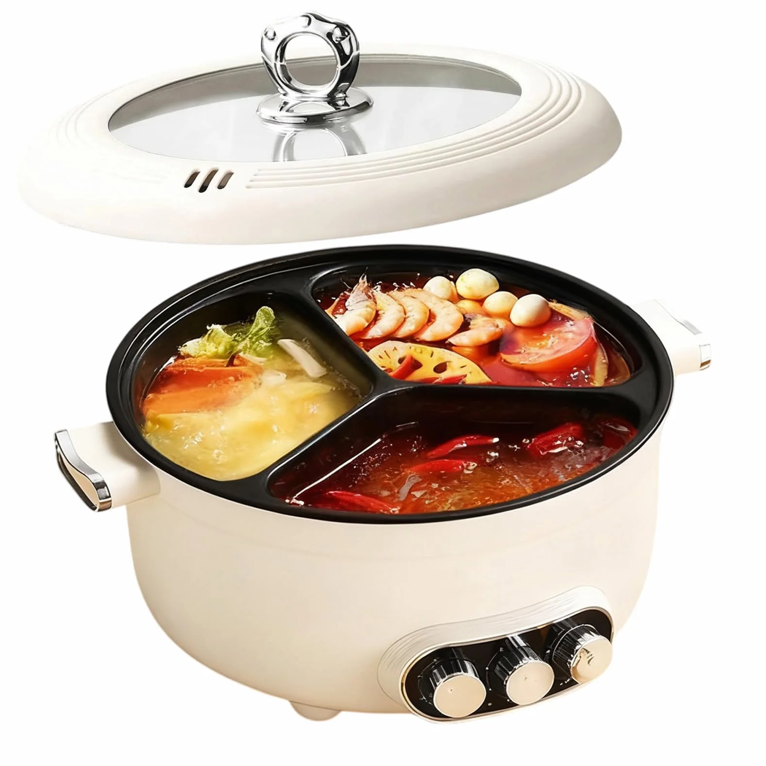 Hotpot Casserole électrique 5,3 l avec chauffage rapide et trois boutons rotatifs, 1600 W avec revêtement antiadhésif, 3 niveaux de réglage de la température, pour steak, fondue, légumes