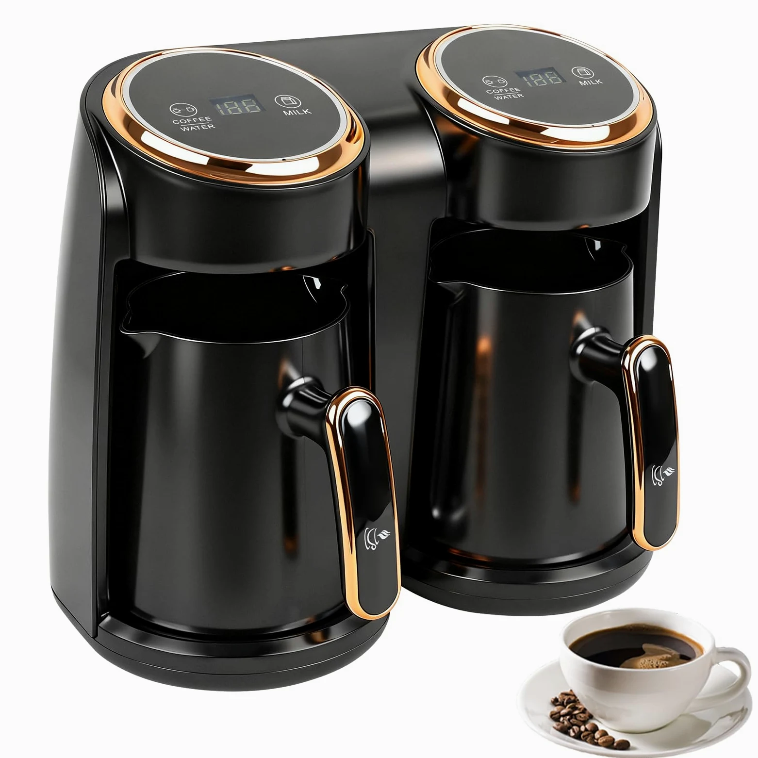 Cafetière turque, 600 W, cafetière turque avec double système de chauffage, protection contre le débordement et protection contre l'ébullition à sec, 300 + 300 ml (1 à 8 tasses)