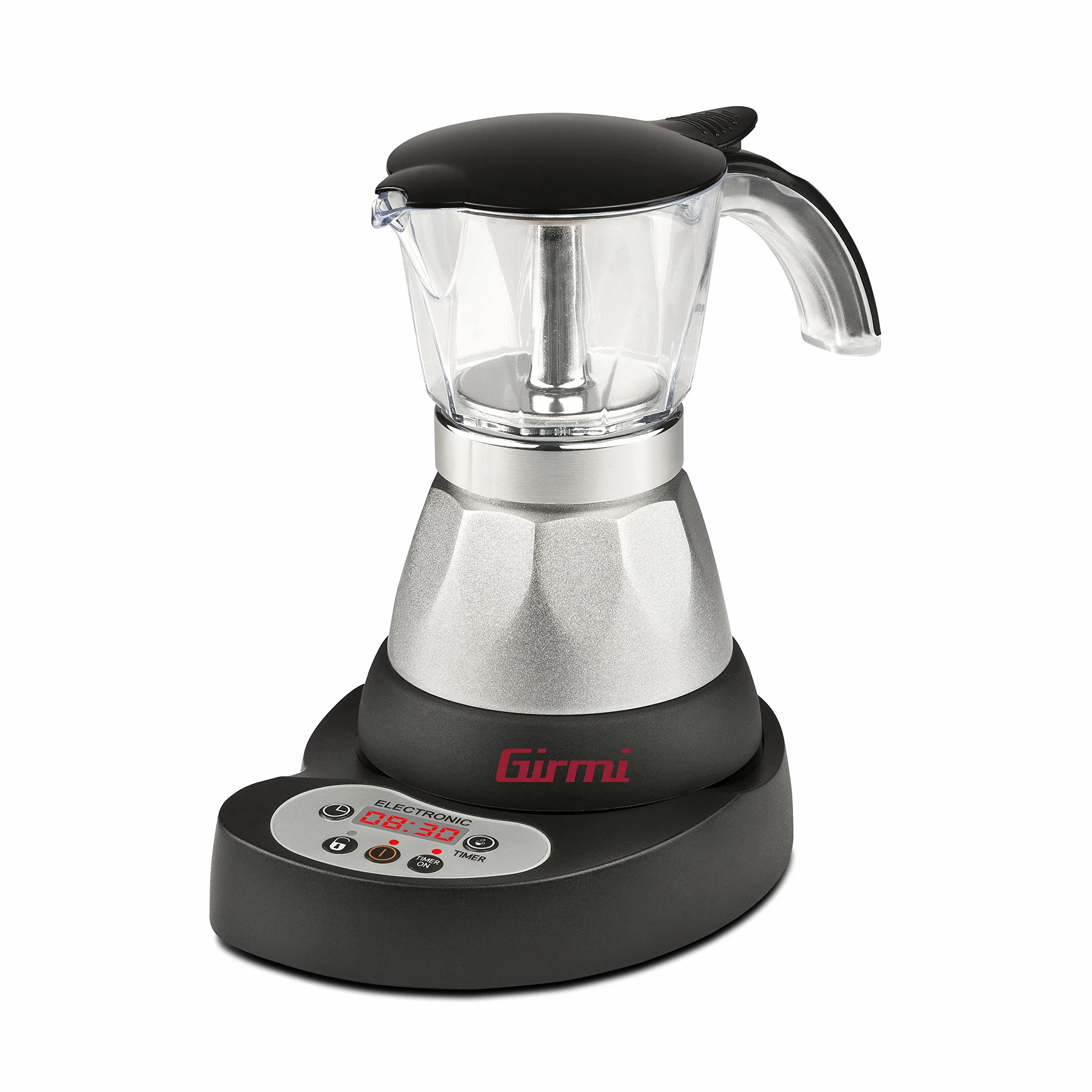 Girmi Mc23 Cafetière électrique Moka, Programmable pour poudre de café, 1 à 3 tasses, 400 W, Affichage LED, Minuterie, Maintien au chaud, Aluminium
