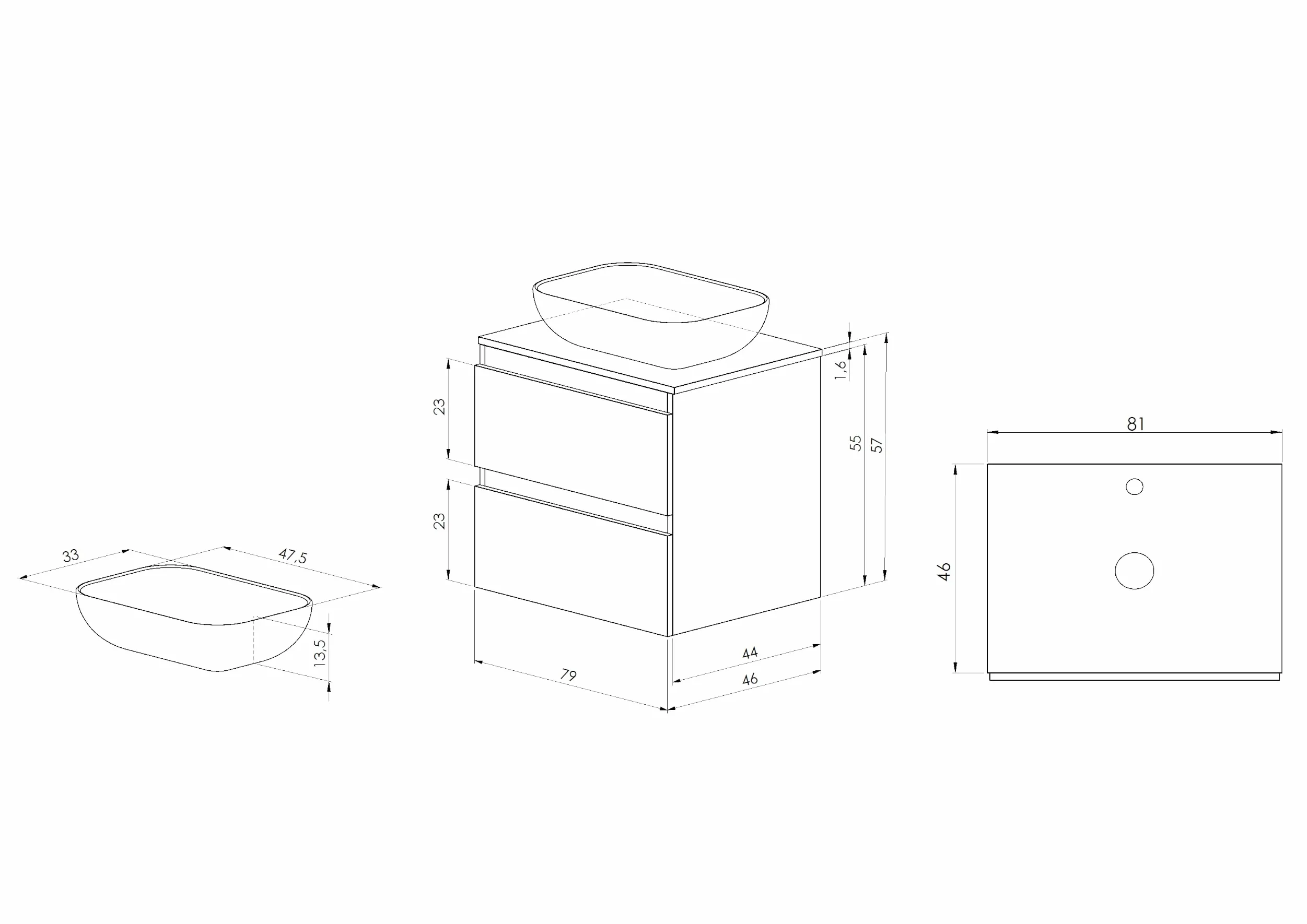BELLOBATH - Meuble Salle de Bain avec Lavabo en Céramique et Miroir, Meuble de Rangement Salle de Bain, 2 Tiroirs 80 x 55 x 46 cm, Meuble Chêne/Blanc