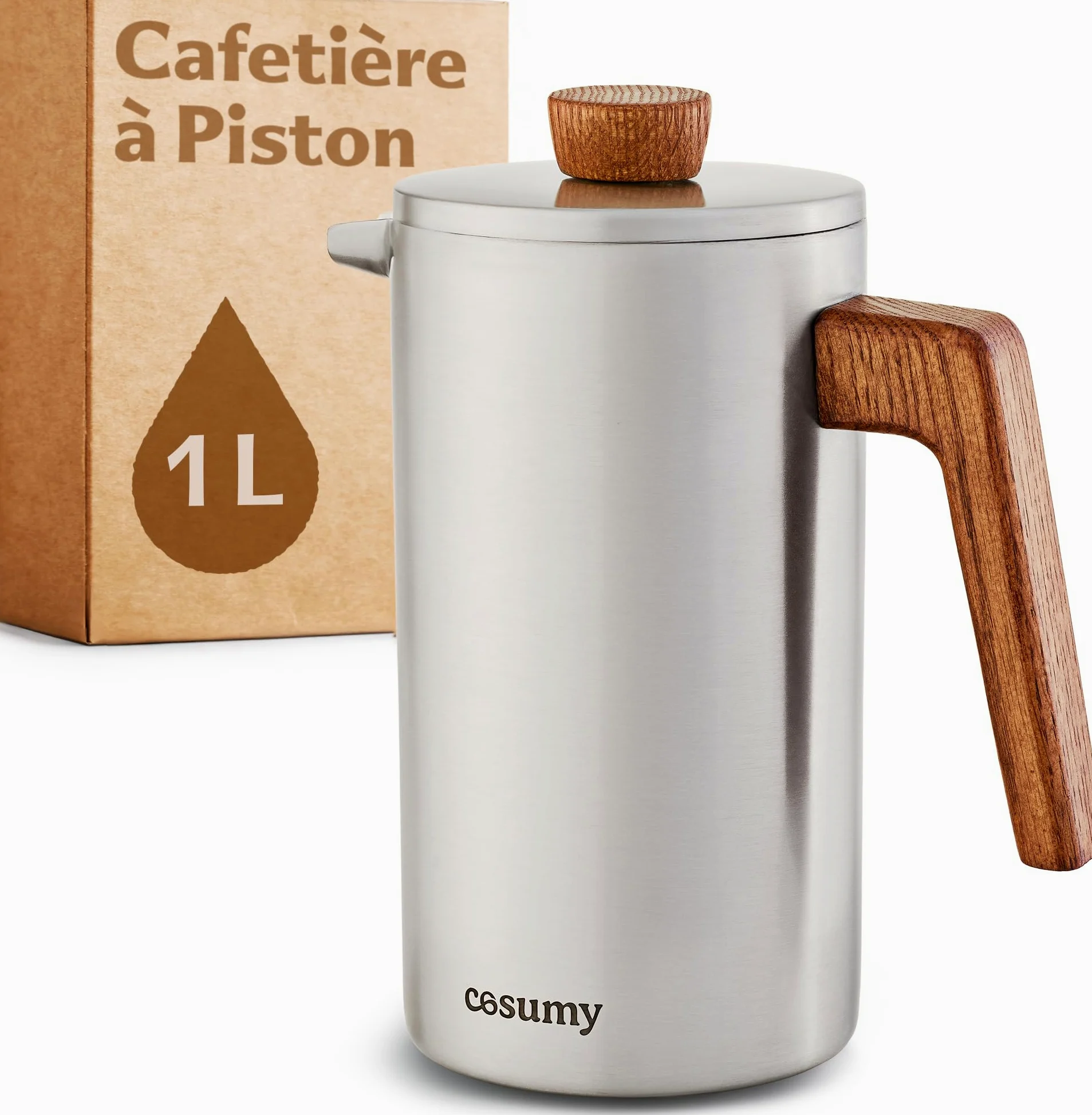 Cosumy Cafetière à Piston Inox 1l pour 5 Tasses - Double Paroi Isolante - Garde le café chaud - Acier Inoxydable et Bois de chêne FSC