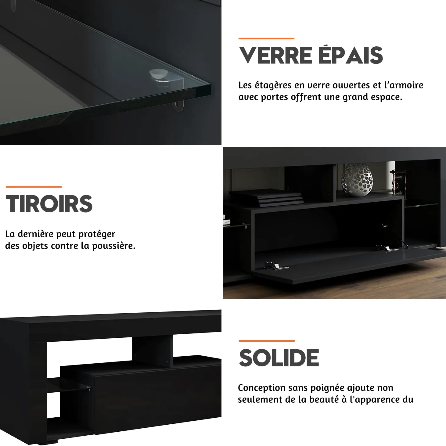 SIRHONA Meuble TV LED Noir, Banc TV 140x35x50.5cm, Éclairage LED RGB avec Couleur réglable, Capacité de Charge 40 kg, Convient pour Salon ou Chambre