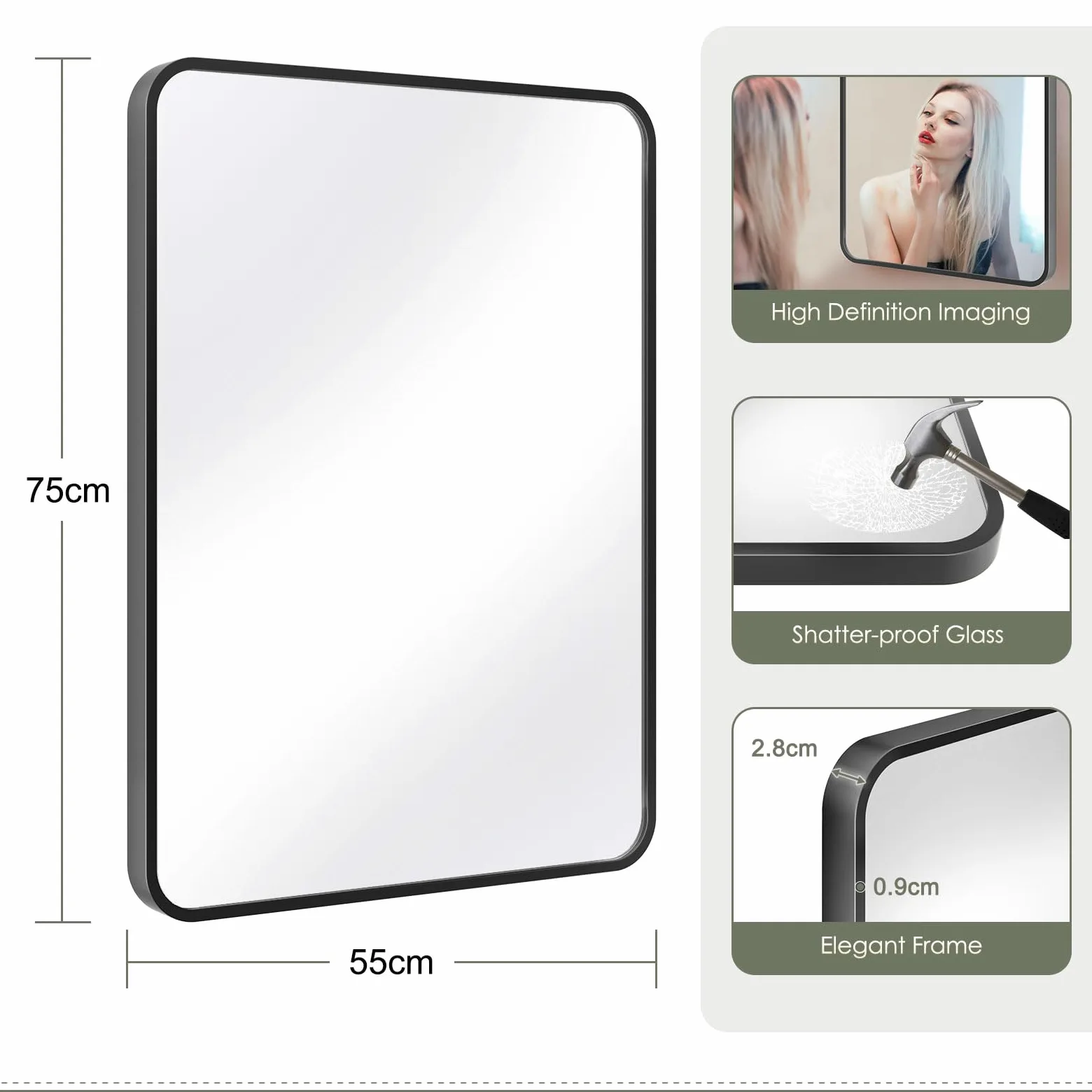 Dripex Miroir Salle de Bain 75x55cm Rectangulaire avec Cadre en Aluminium, Miroir Mural/Dressing/Salon Décoration HD Miroir de Maquillage (Noir)