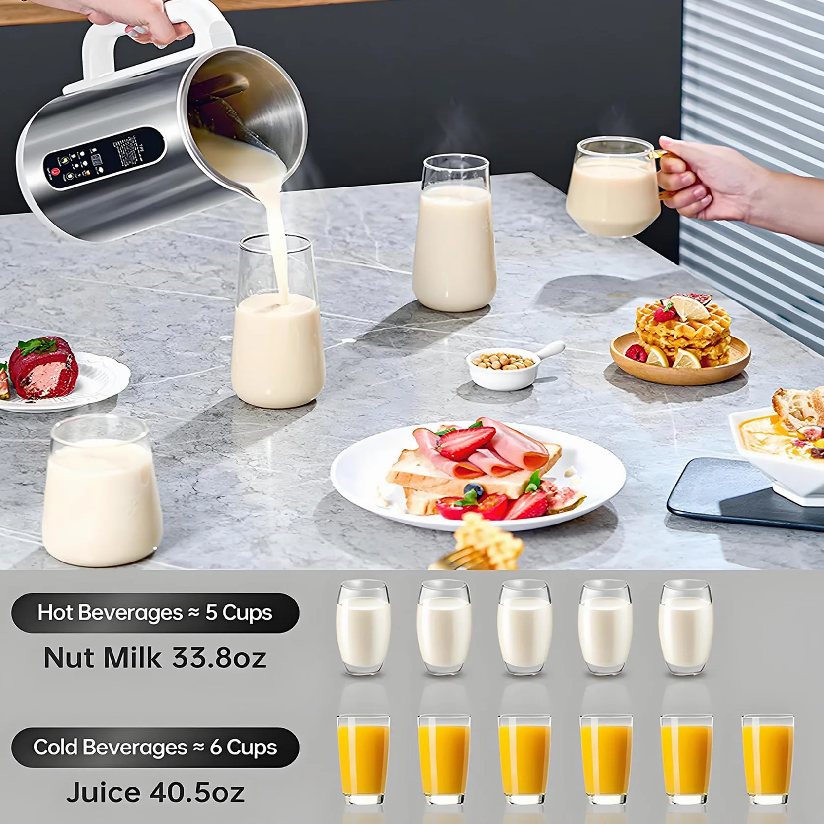 Nut Milk Maker en Acier Inoxydable, Une Machine à Lait De Soja De 1,2 L avec Un Coupeur à 12 Lames, Une Minuterie 24h Et Une Affichage à LED Au Chaud, Un Lait à Base De Plantes avec des Amandes