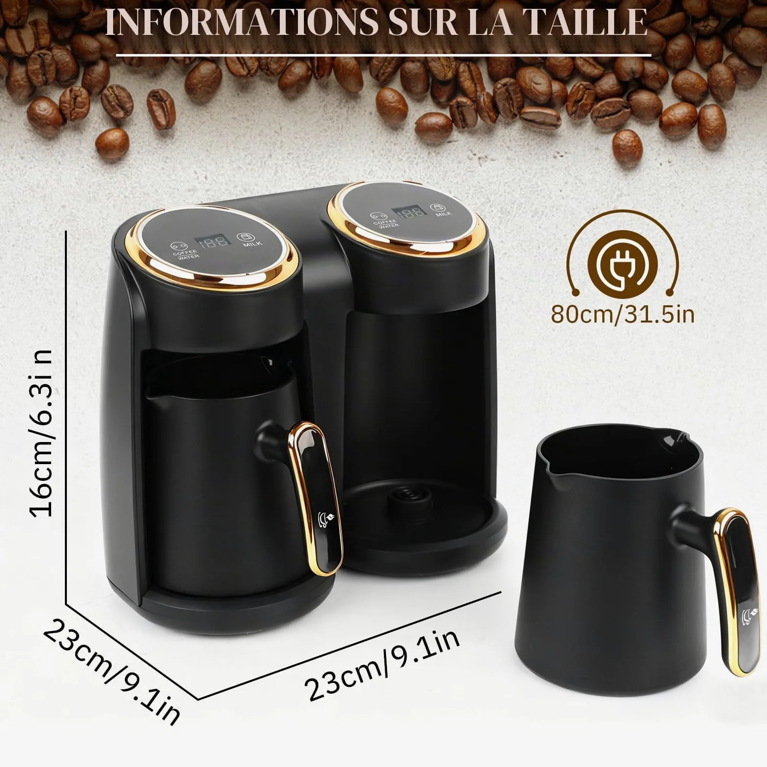 Cafetière turque, 600 W, cafetière turque avec double système de chauffage, protection contre le débordement et protection contre l'ébullition à sec, 300 + 300 ml (1 à 8 tasses)