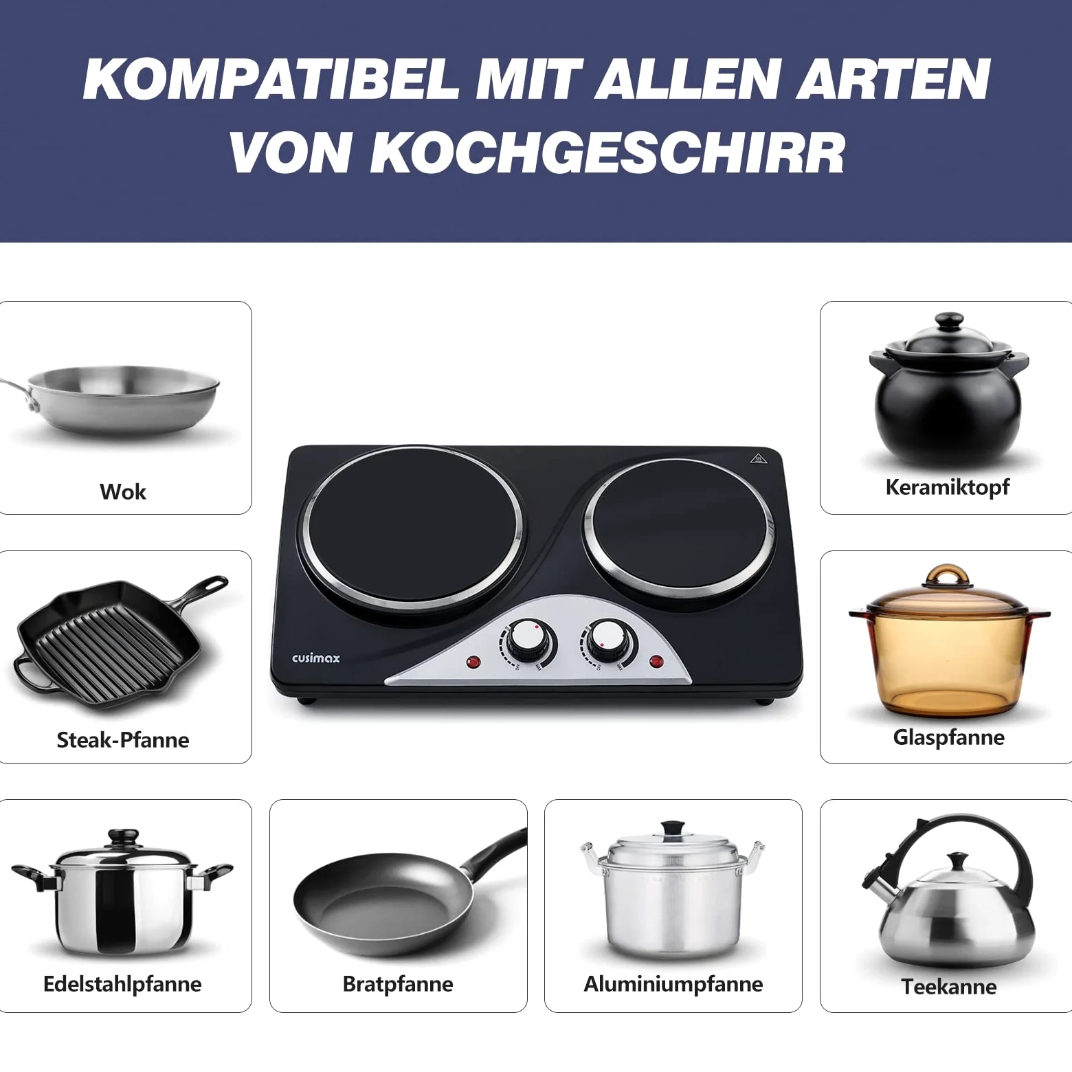 Plaque de cuisson électrique double CUSIMAX 2100W avec chaleur infrarouge, idéale pour la cuisine, le jardin et le camping, plaque de cuisson en acier inoxydable avec thermostat réglable