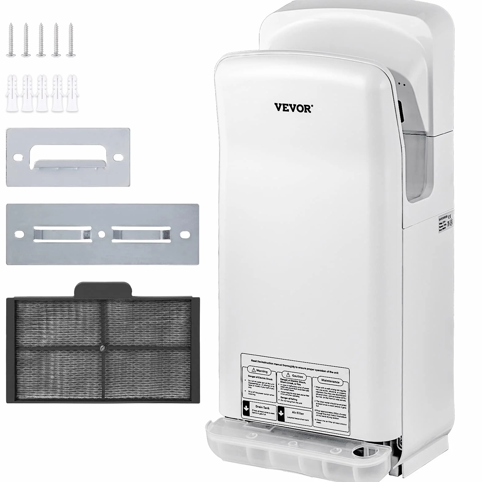 VEVOR Sèche-Mains Automatique 2000W Sèche Main Air Pulsé Électrique Commercial ABS Super Puissant Filtration HEPA 43℃ Moteur à Balais Carbone pour Sécher Séchage Mains Toilettes 290x220x685 mm Blanc
