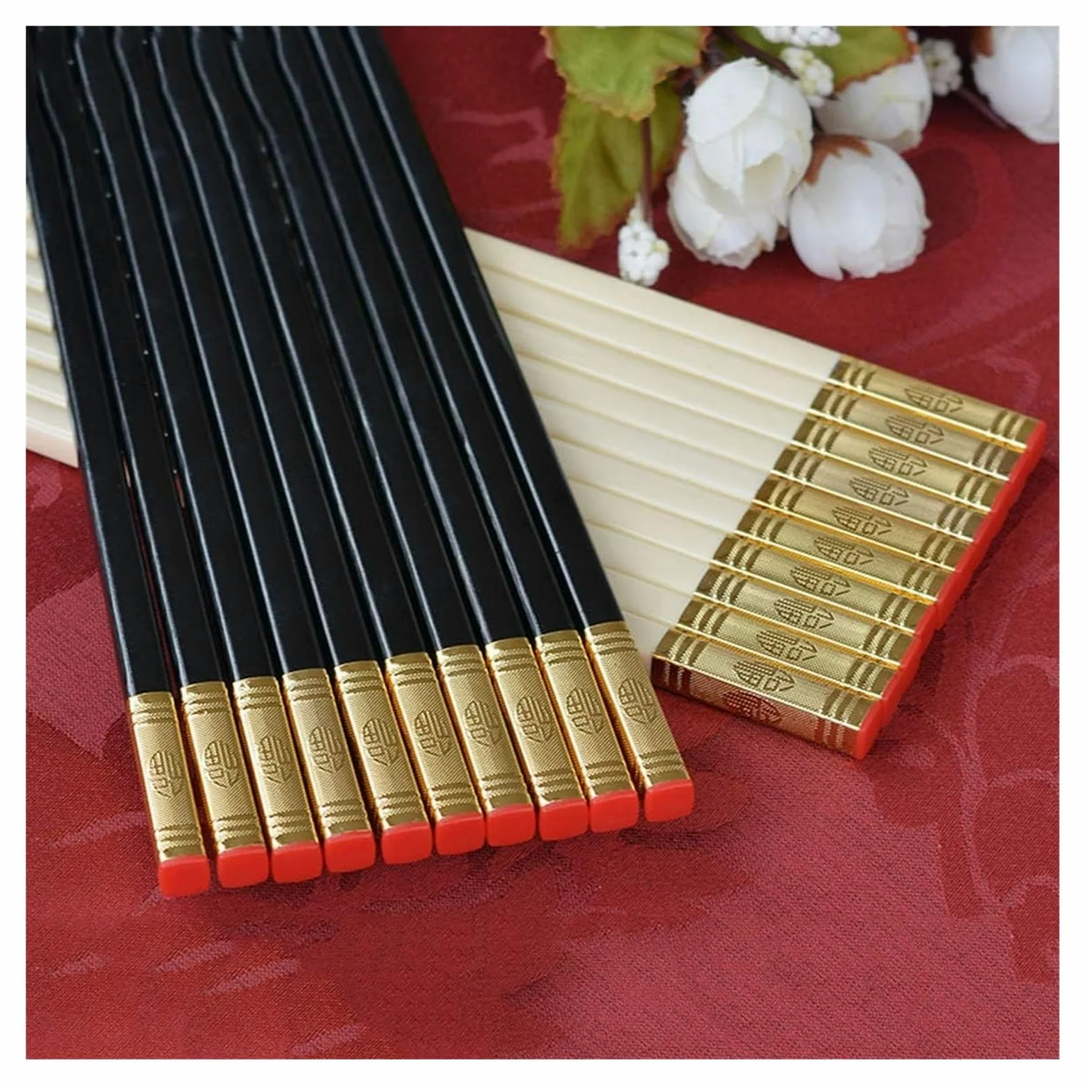 Jeu de baguettes, Baguettes réutilisables, for sushis ou autres plats de cuisine japonais, chinois, coréens, faciles à nettoyer, paquet cadeau 10 paires, avec motifs noirs et dorés C(D)