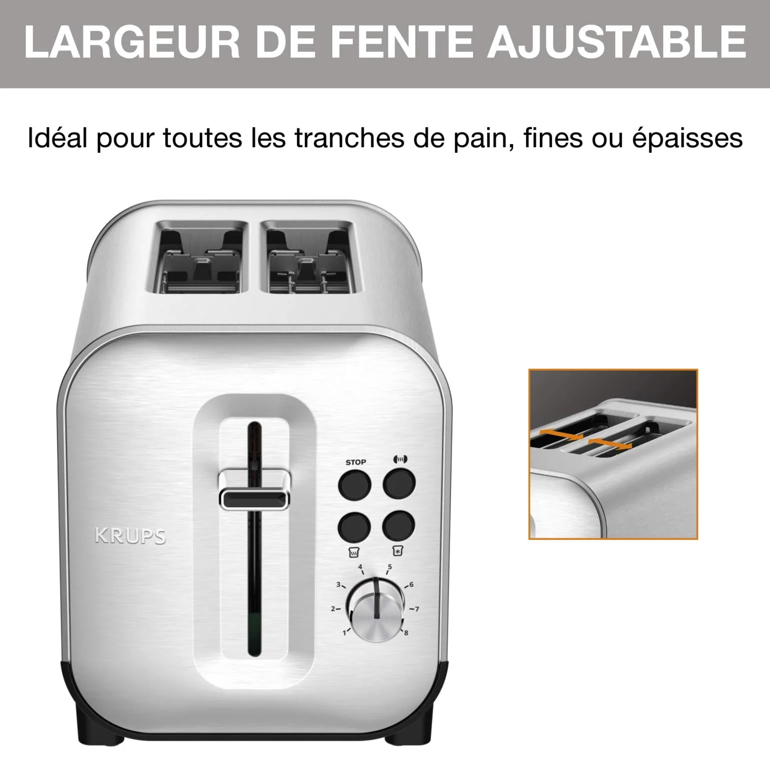 Krups Grille-pain 2 fentes larges, Inox brossé premium, 8 réglages température, Remontée extra-haute, Tiroir ramasse-miettes, Excellence KH682D10