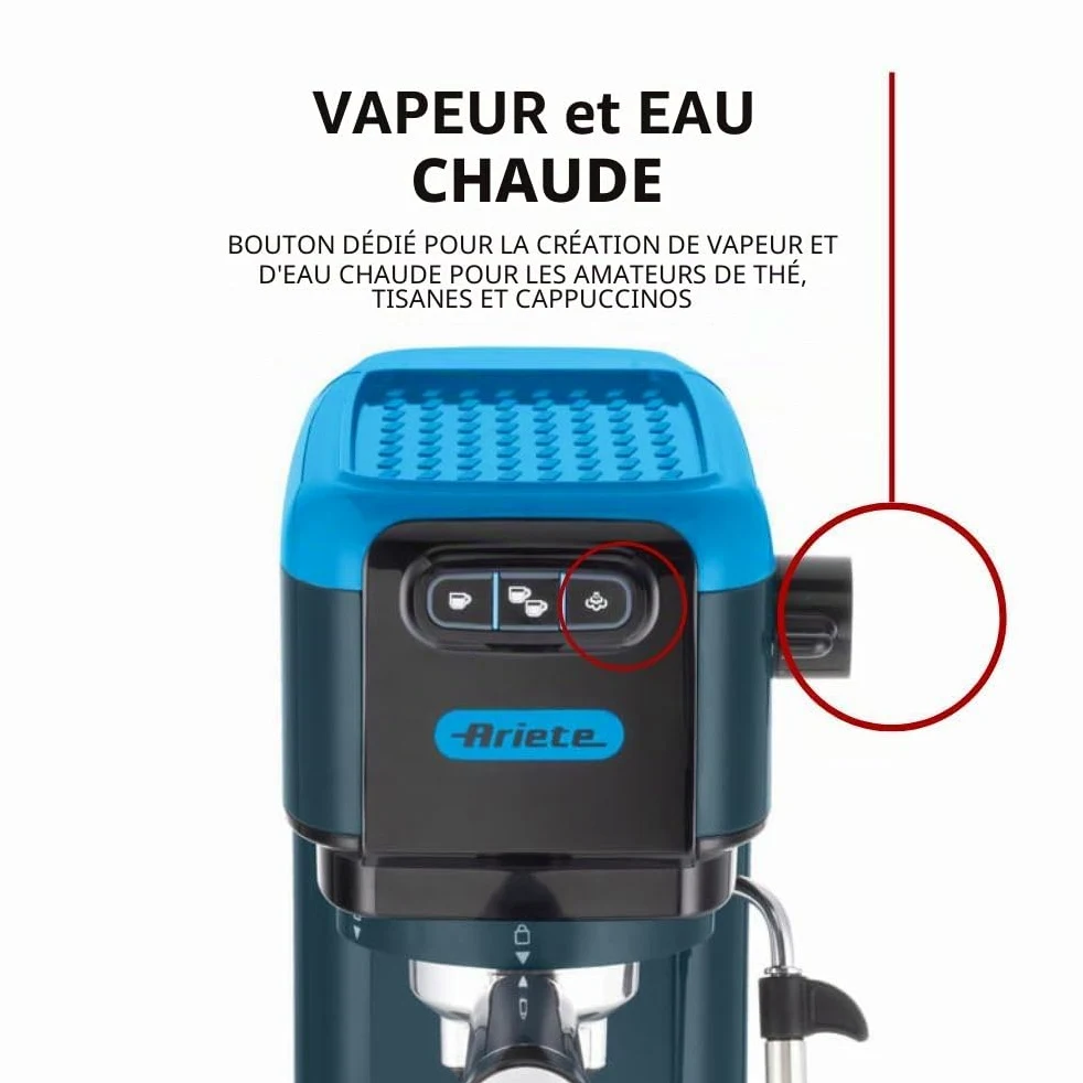 Ariete 1399 Machine à Café Percolateur, pour Expresso, Cappuccino, Thé et Tisane, Compatible avec le Café en Poudre et les Dosettes ESE, 1300 W, 15 Bar de Pression, Filtre 1-2 Tasses, Sky Blue