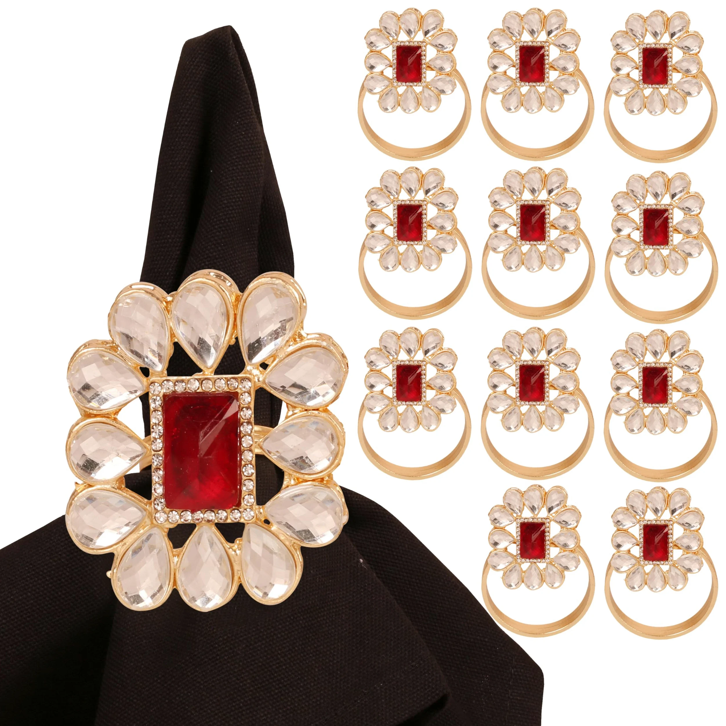 Lot de 12 magnifiques ronds de serviette faits à la main - Motif floral - Strass de couleur dorée - Pour fête, table à manger