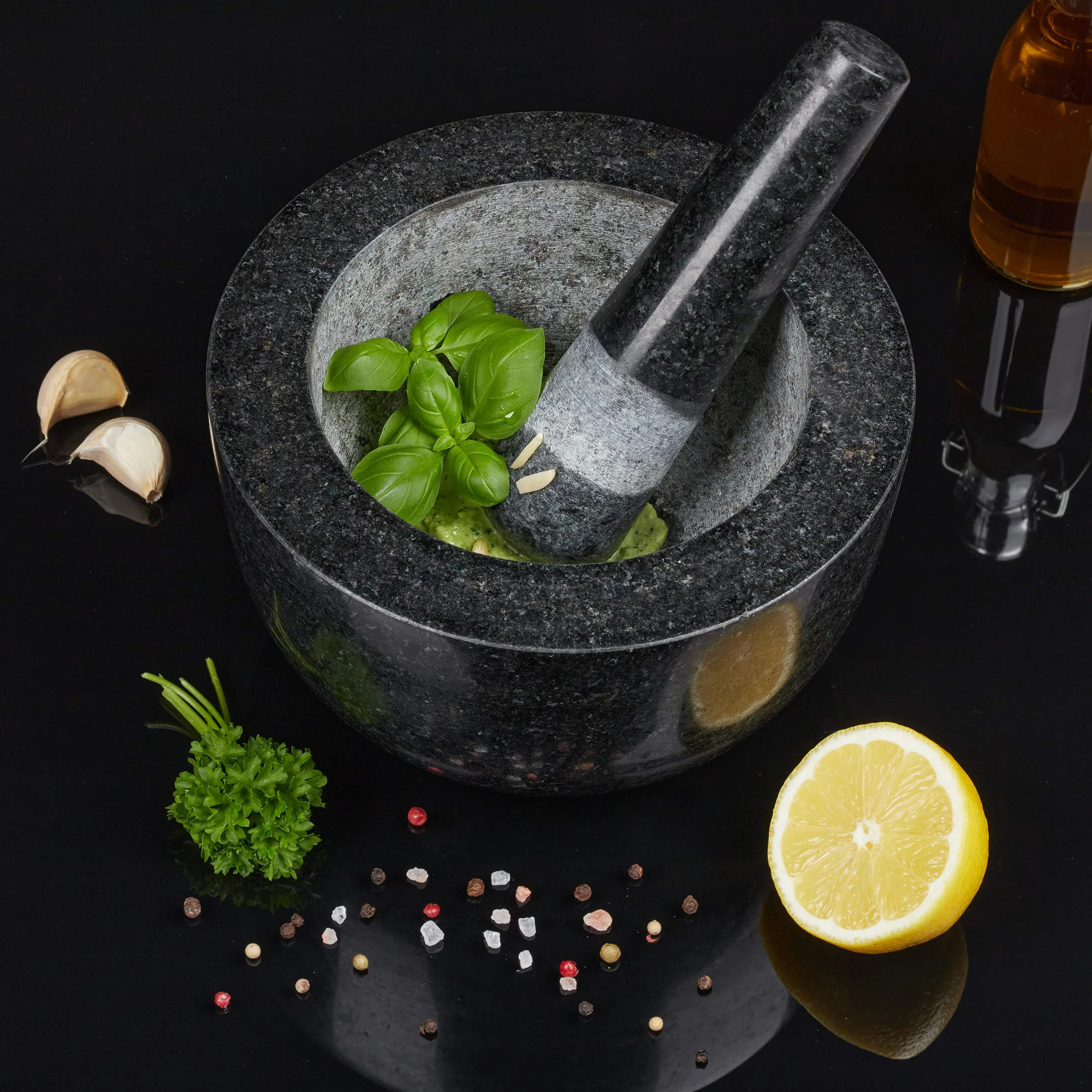 Relaxdays Mortier et pilon, en granit, poli, longue vie, épices et herbes,750 ml de volume, broyeur pierre D 20cm, gris