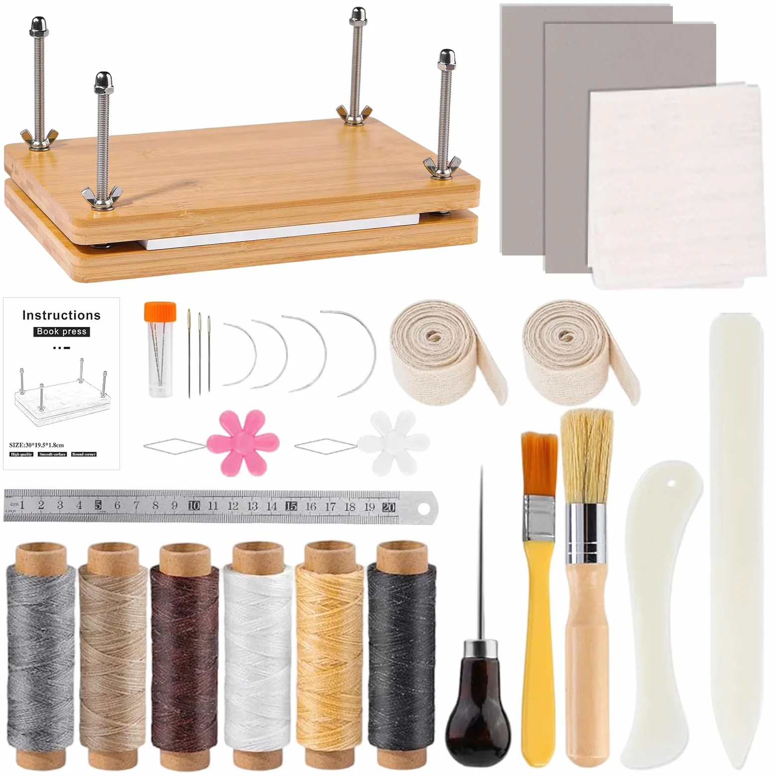 Kit de reliure de livres - Avec presse à livres de 30 x 19,2 cm - Toile de reliure - Tissu de réparation de livres - Jambes pliées pour réparer les vieux livres