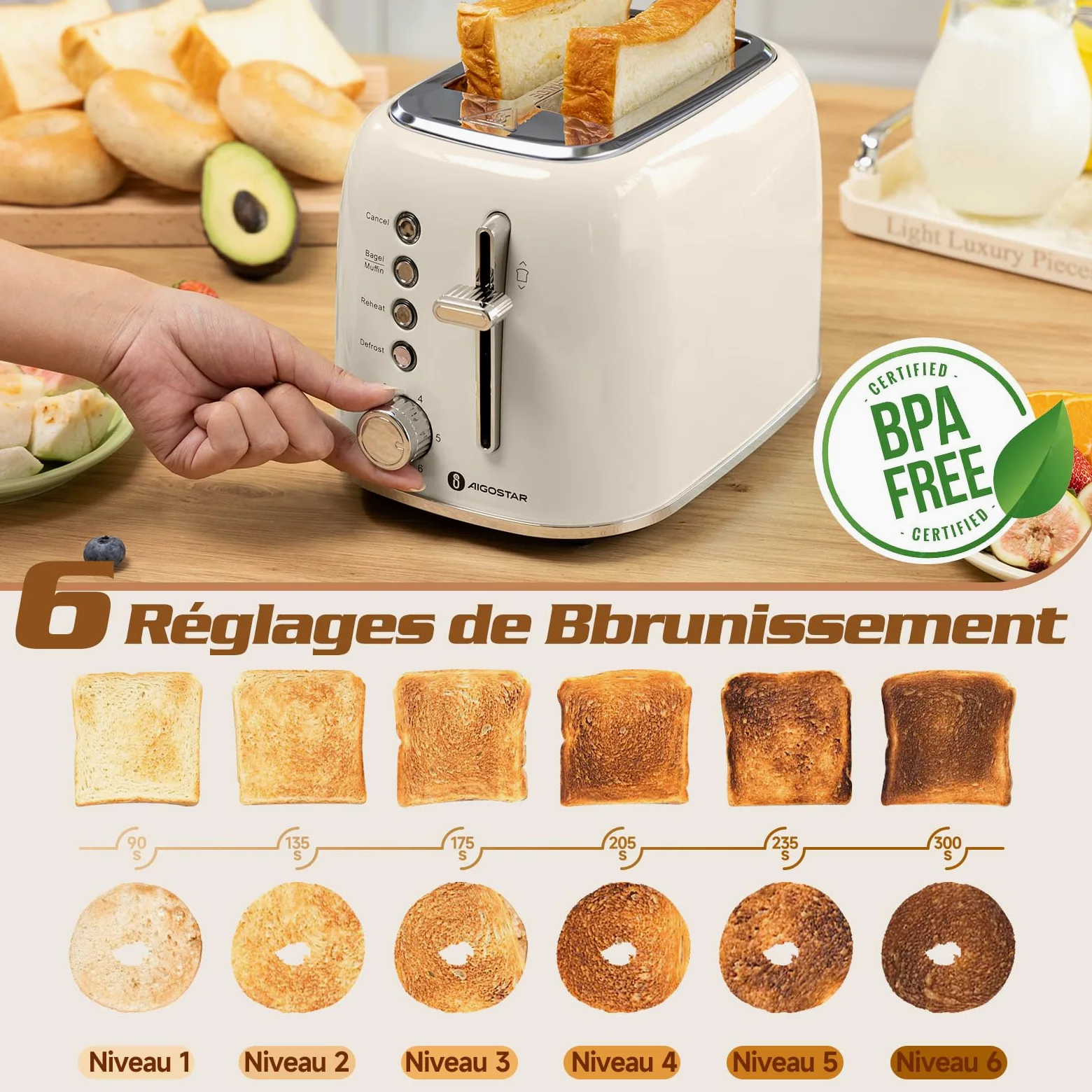 Aigostar Grille Pain, 2 Fentes Extra-Larges, Vintage Inox Crème, 6 Niveaux de Dorage, Fonction Bagel/Décongélation/Réchauffage/Annulation, Tiroir Ramasse-Miettes Amovible, 800W. Cream