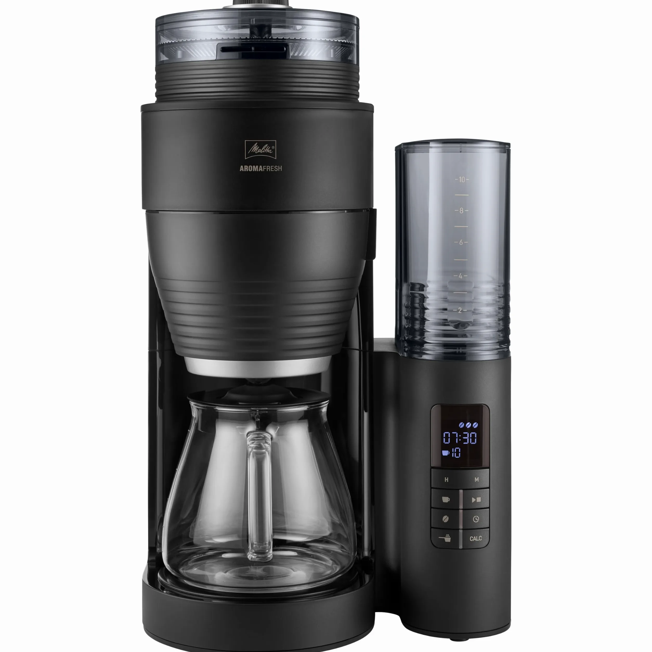 Melitta Cafetière à Filtre AromaFresh Glass Basic X Noire, avec Moulin à grains en Céramique Intégré, Fonction Minuteur, capacité 10 tasses, modèle 1030-06