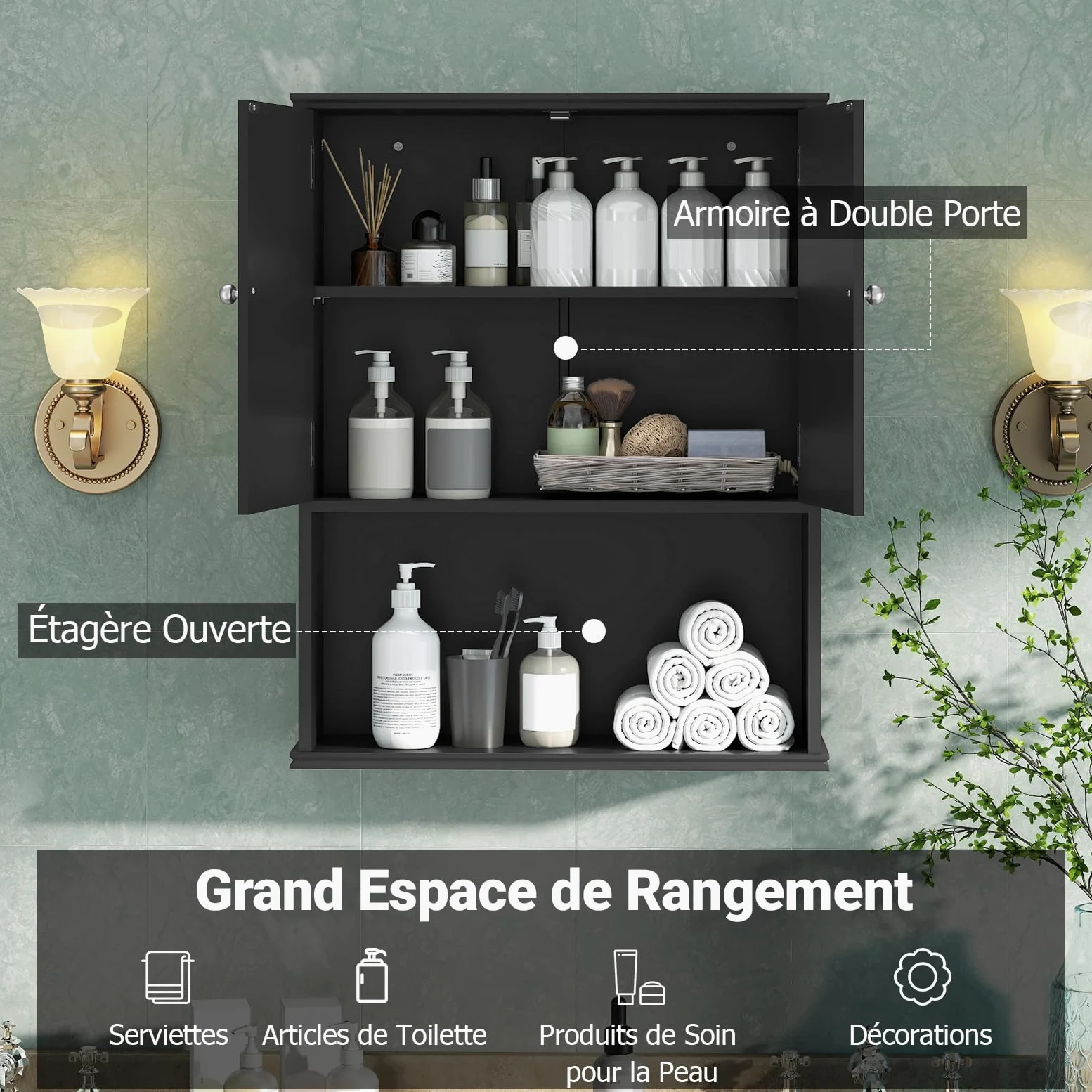 COSTWAY Armoire Murale Salle de Bain, Meuble WC Suspendu avec 2 Portes, Étagère Réglable, Compartiment Ouvert, Style Ferme, Gain de Place, pour Toilette, Buanderie, Cuisine, 21 x 60 x 75 cm (Noir)