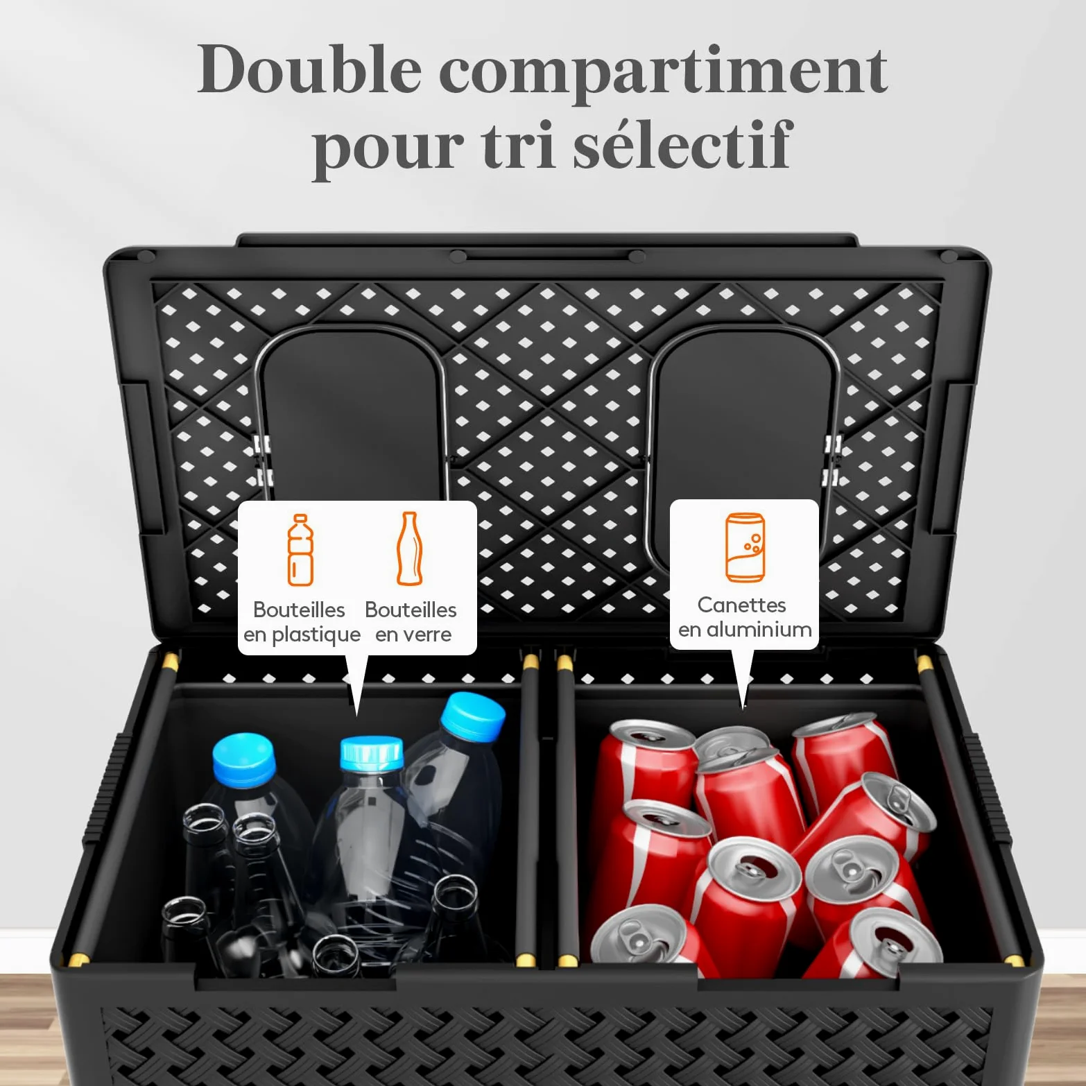Lifewit Poubelle Recyclage 110 L, Collecteur de Bouteilles 2 Compartiments avec Couvercle et 2 Ouvertures, Poubelle Tri Selectif avec 2 Sacs Amovibles pour Plastique, Verre, Canettes, Noir
