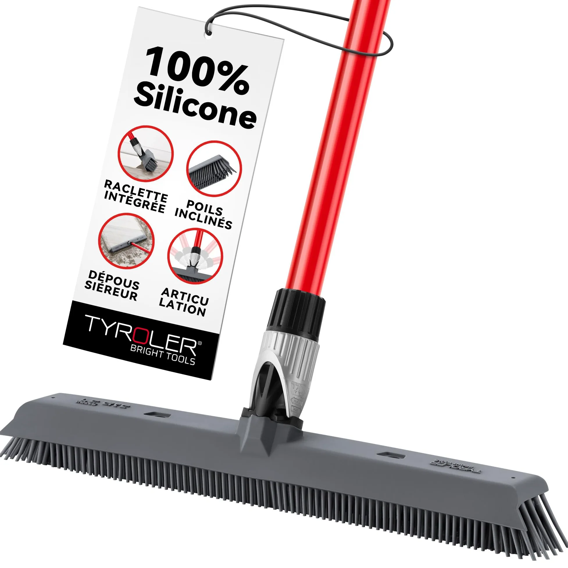 Tyroler Balai Silicone & Raclette Sol | Tête De 41 cm Balai Bross Poils Animaux | Manche Anti-Rouille en 4 Parties de 140 cm pour Balais en Silicone Professionnel | Balais Nettoyer Sol