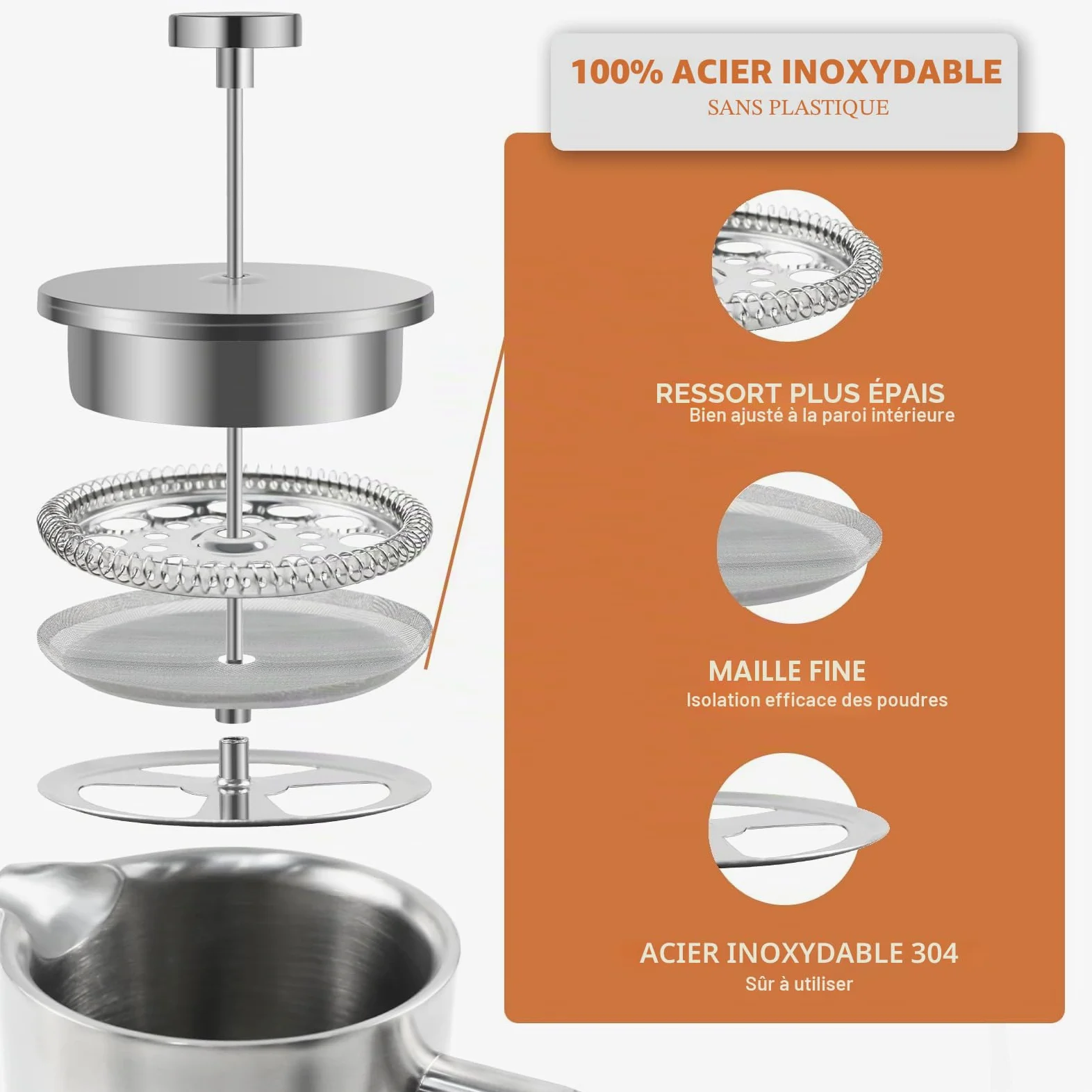 Cafetière à Piston 1L Inox Isotherme French Press 8 Tasses | 5 filtres de rechange en acier, 1000ml