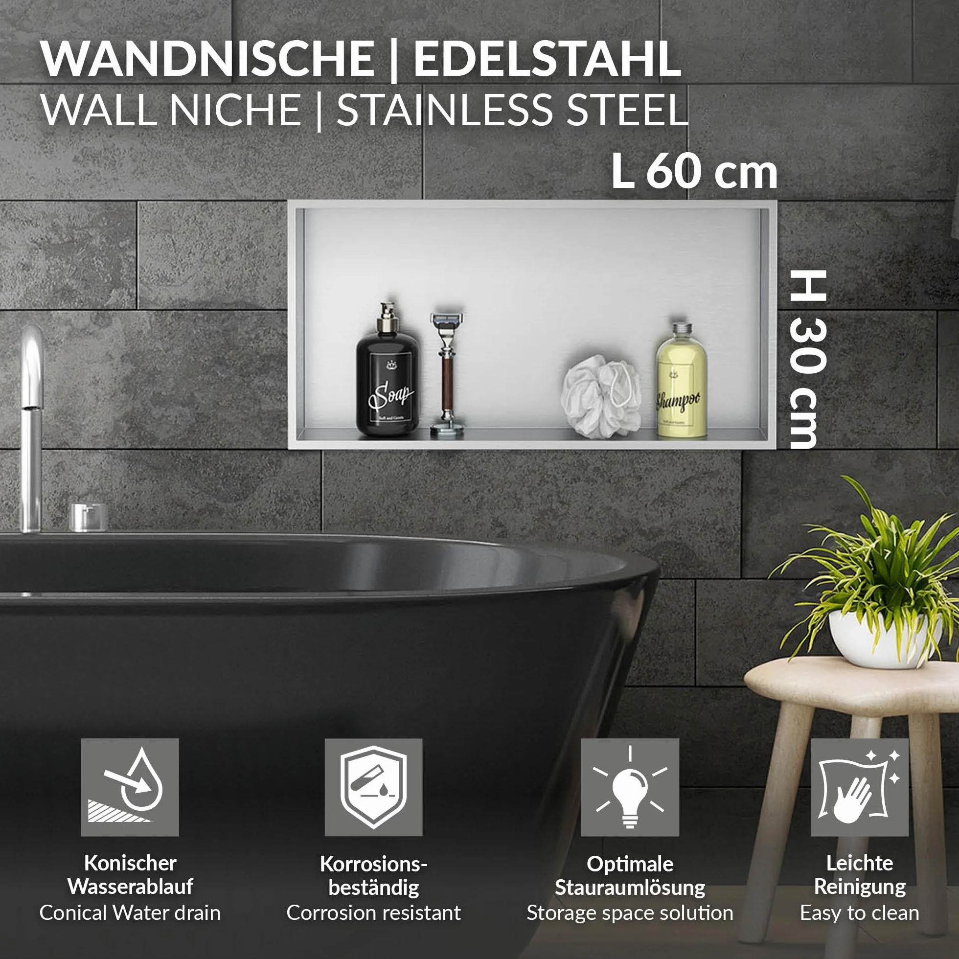LuxeBath Niche de Douche Encastrée Murale, 60x30x10cm, en Acier Inoxydable, Argent, Étanche, Étagère avec Cadre Salle de Bain, Encastrable, Seule Couche, Rangement Articles Toilette, Matériel Montage