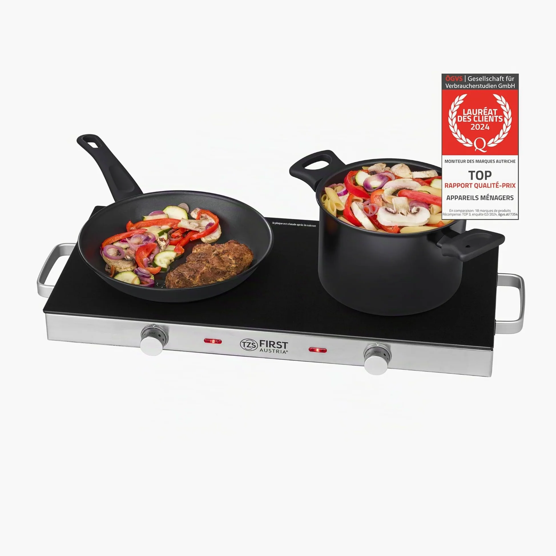 TZS First Austria - Plaque de cuisson double infrarouge vitrocéramique TOUS types de casseroles 2800W - Mini réchaud électrique pour déménagement, camping & maison - Réglage continu et témoin contrôle
