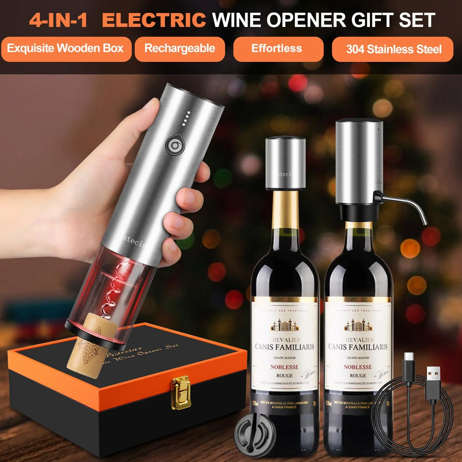 Tire Bouchon Electrique, 4 en 1 Coffret Cadeau avec Ouvre Bouteille Rechargeable, Aérateur de Vin Verseur Automatique, Coupe-Capsule et Bouchon à Vin sous Vide pour Idee Cadeau Homme
