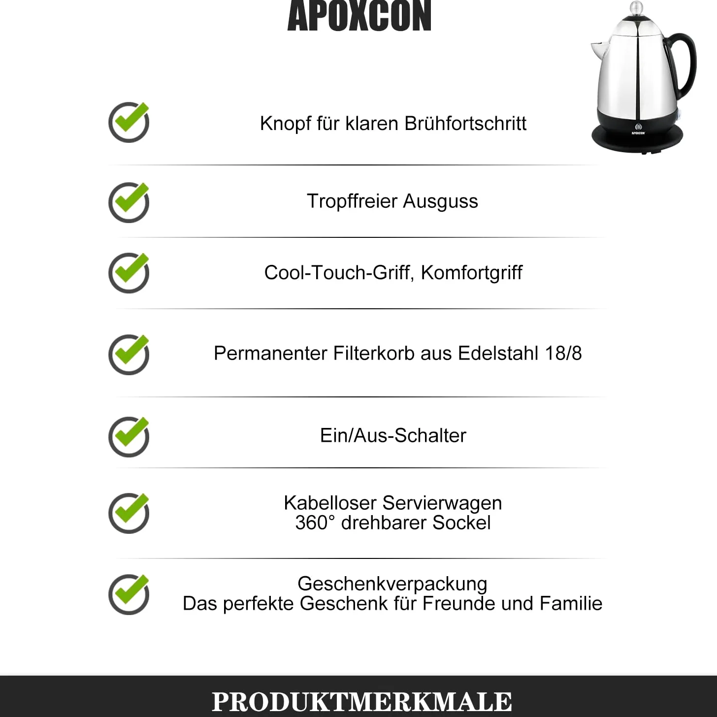 APOXCON Percolateur électrique en acier inoxydable - Fonction maintien au chaud, bec verseur anti-gouttes et interrupteur (10 tasses)