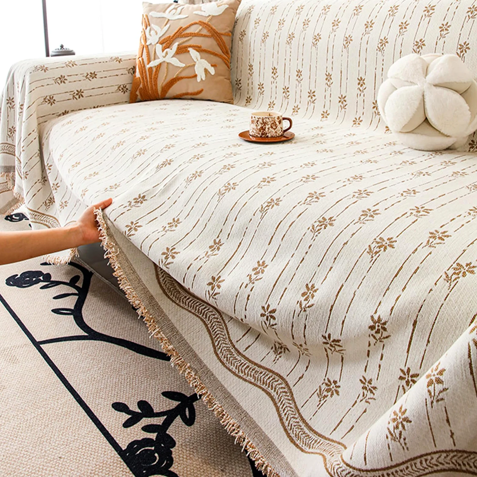Housse de canapé antidérapante - Motif géométrique jacquard rayé avec pompons - Lavable - 180 x 460 cm - Housse de protection durable pour meubles de maison