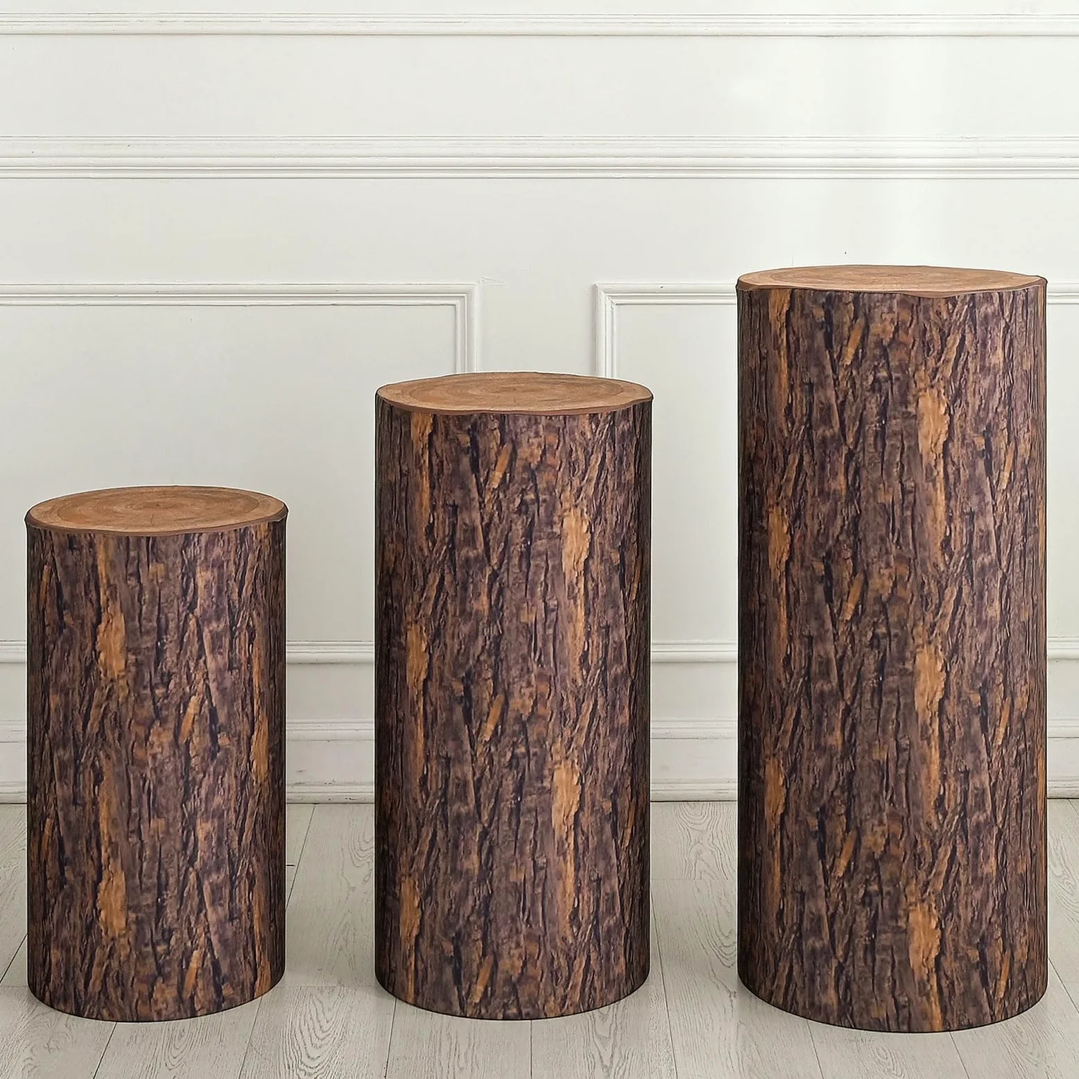 QUARKZMAN Set of 3 Housses De Socle Cylindrique Texture Bois, Housse De Socle Pour Décoration De Fête Mariage Anniversaire, Contient Uniquement (Tissu Élastique - Grand)