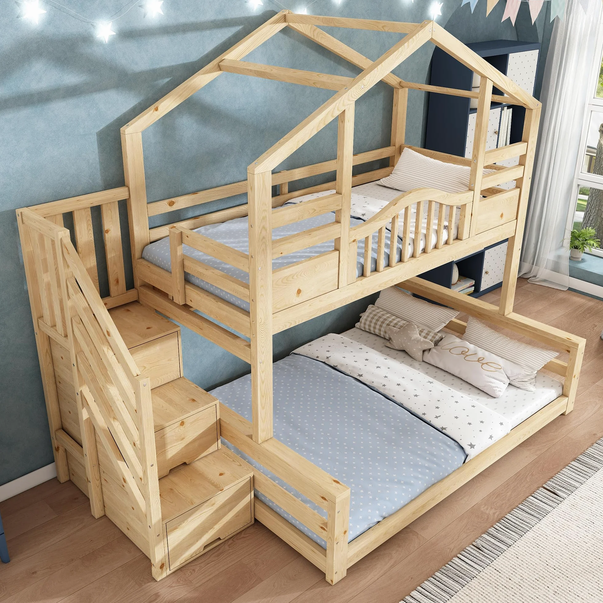 Lit Superposé Enfant avec escalier de rangement et étagères, Lit Enfant multifonctionnel avec 90x200 partie supérieure et 140x200 partie inférieure, en bois naturel Beige Clair Naturel (Sans Matelas)