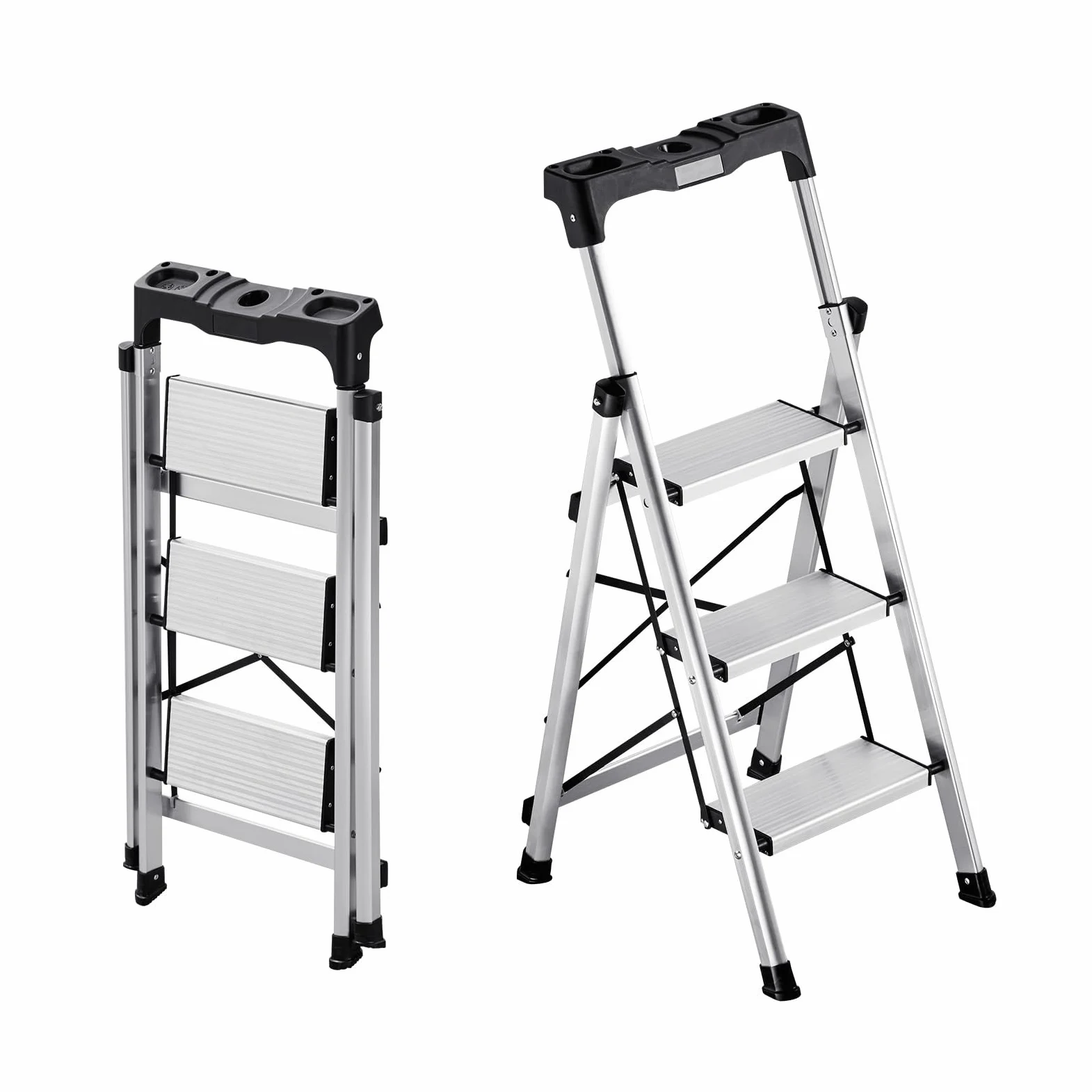 VEVOR Escabeau Pliant 3 Marches Marchepied Pliable Charge 150 kg Échelle Domestique Alliage d'Aluminium pour Travaux Ménagers, Bricolage, avec Larges Marches Antidérapantes, Plateau à Outils, Argenté