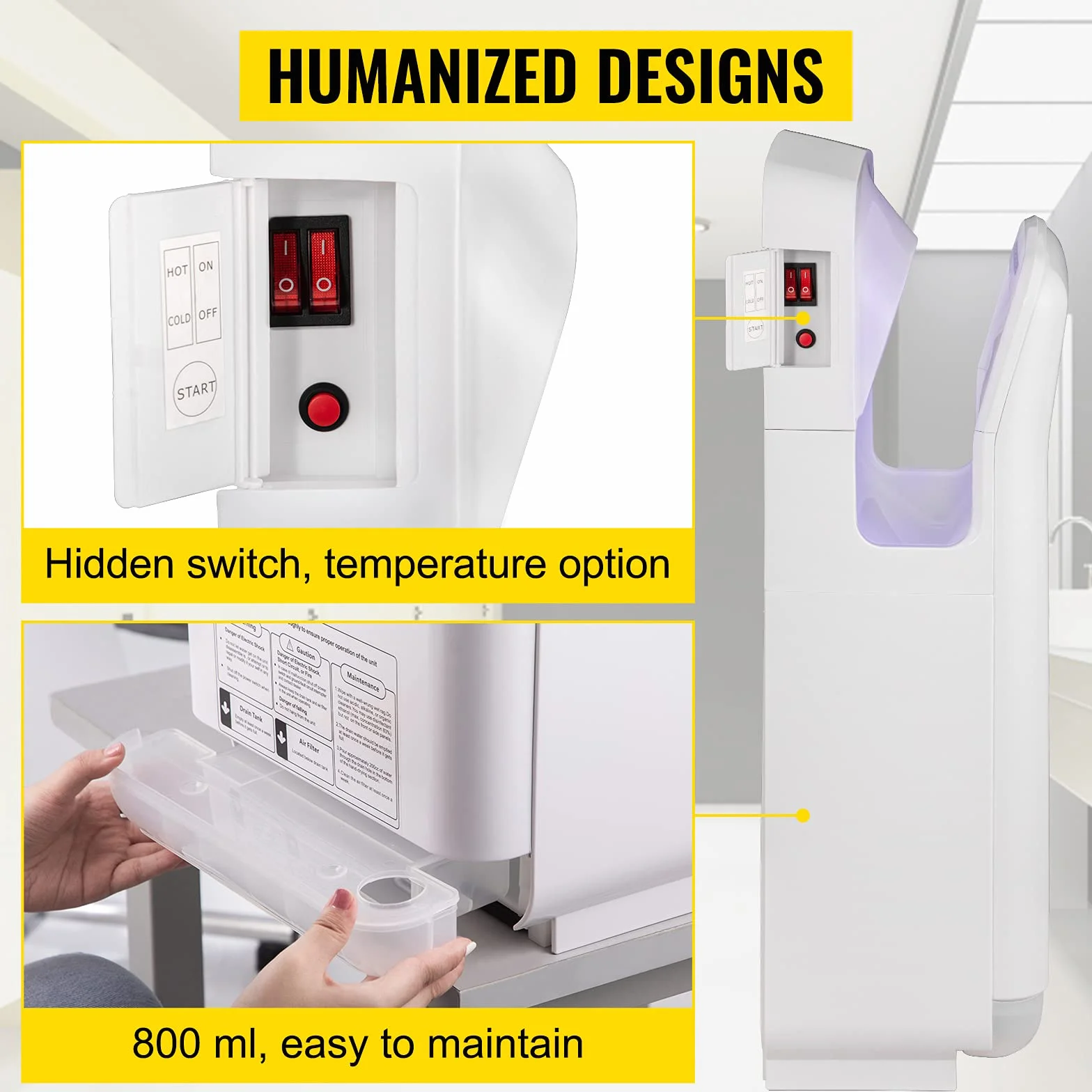 VEVOR Sèche-Mains Automatique 2000W Sèche Main Air Pulsé Électrique Commercial ABS Super Puissant Filtration HEPA 43℃ Moteur à Balais Carbone pour Sécher Séchage Mains Toilettes 290x220x685 mm Blanc