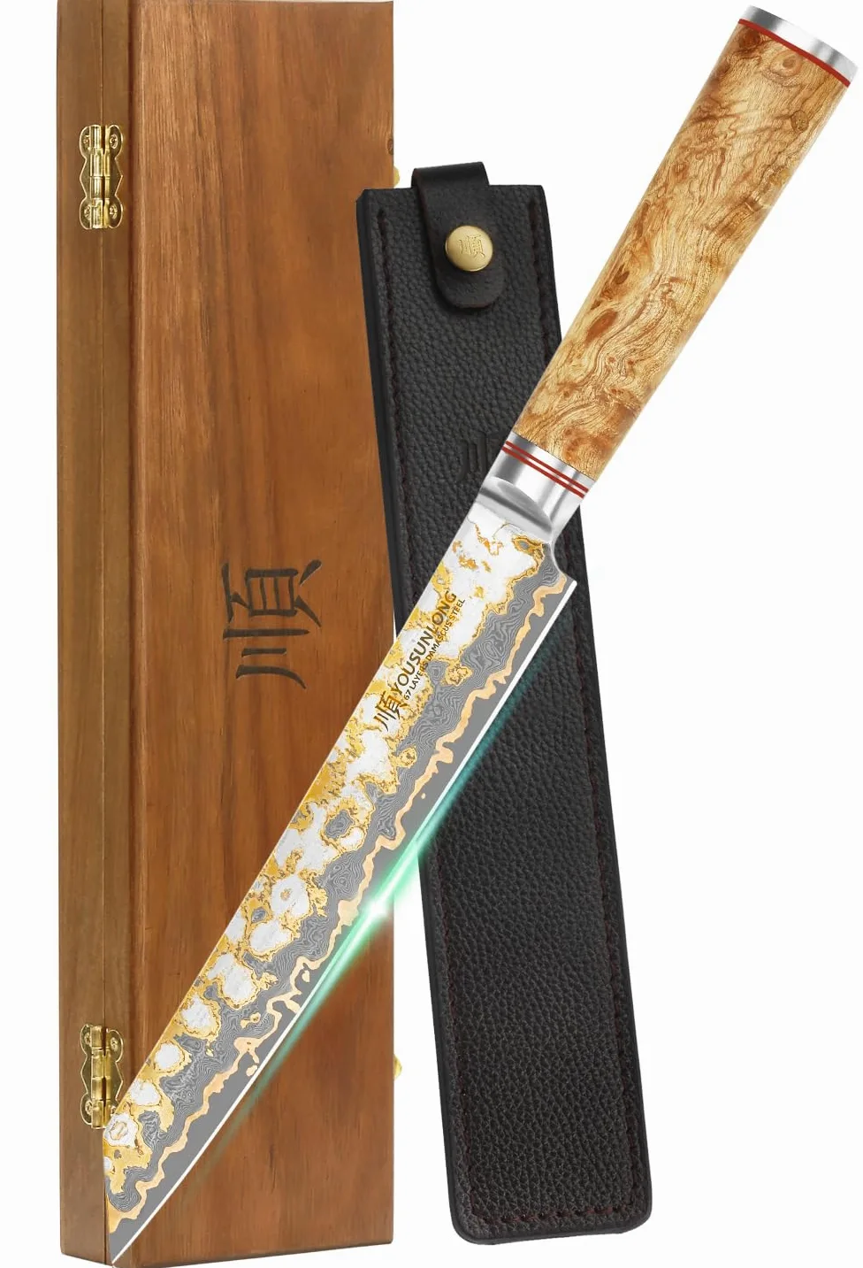 YOUSUNLONG Couteau à trancher Sujihiki - Couteau à Sashimi Sushi 205mm - Acier Damas Cuivre fait main - Couteaux à découper japonais Yanagiba - Manche en bois de ronce naturelle avec cuir