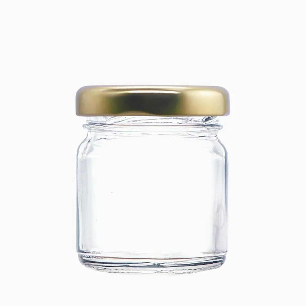 Lot de 100 mini bocaux à confiture/conserve 41 ml + couvercles dorés à visser Idéal pour échantillons, portions de petit-déjeuner, mariages et cadeaux