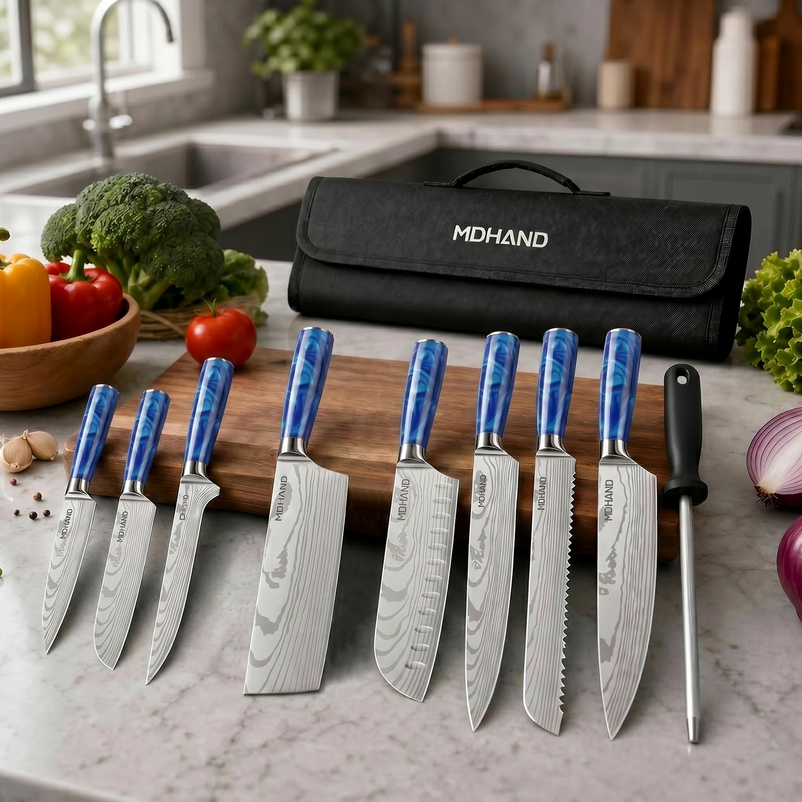 MDHAND Set de Couteaux de Cuisine, 8 pièces couteau cuisine professionnelle avec étui à roulettes, acier inoxydable à haute teneur en carbone extrêmement tranchant Ensemble de couteaux de cuisine