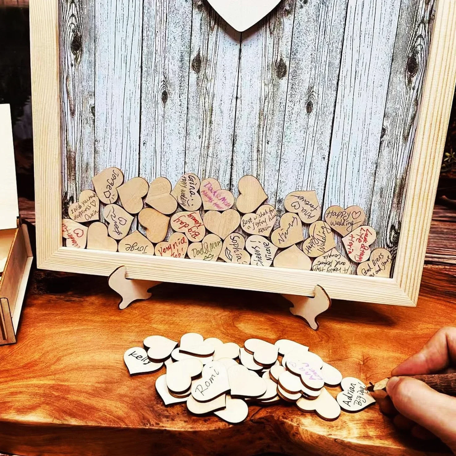 Livre d'or pour Le Mariage Panneau de Stylo Alternatif Cadre en Bois pour Le baptême Décoration de la fête d'anniversaire 120 Coeurs