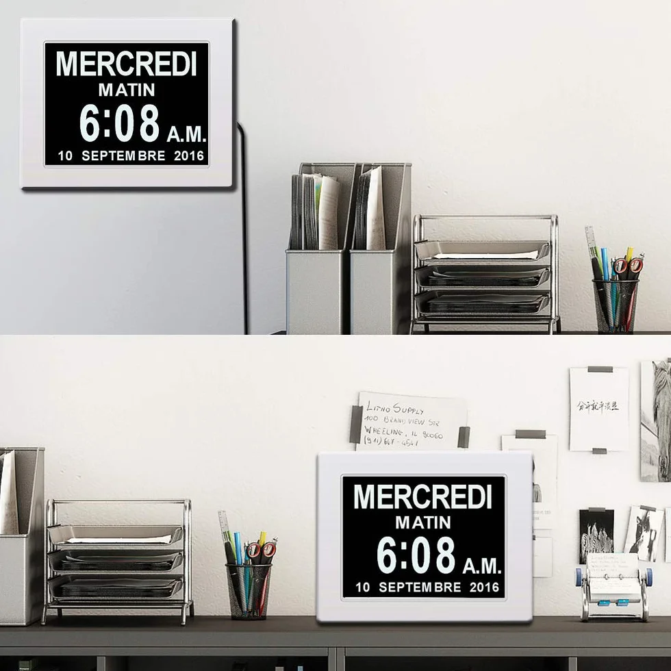 SINOIDEAS 8" Pouce LCD Horloge Numérique Calendrier avec Date Jour Et Heure Non-Abrégée Auto Dimming 8 Langues HD Display Rappel pour Alzheimer Les Personnes âgées et Les Enfants