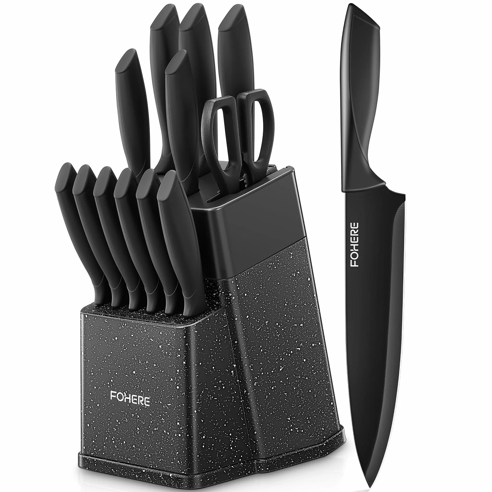 FOHERE Bloc de Couteaux,13 Pièces, Couteau Cuisine avec Affûteur Intégré, Acier Inoxydable, Ensemble de Couteaux avec Poignée en PP, avec Bloc Couteaux en Plastique, Granit Noir